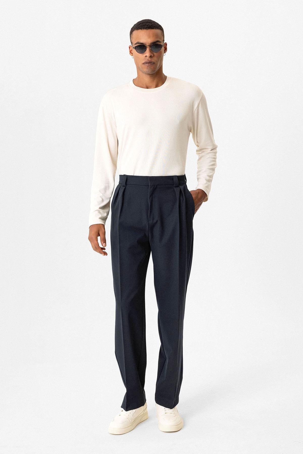 Antioch-Lacivert Yüksek Bel Pileli Relaxed Fit Baggy Erkek Pantolon-Pantolon-2-Milagron.com