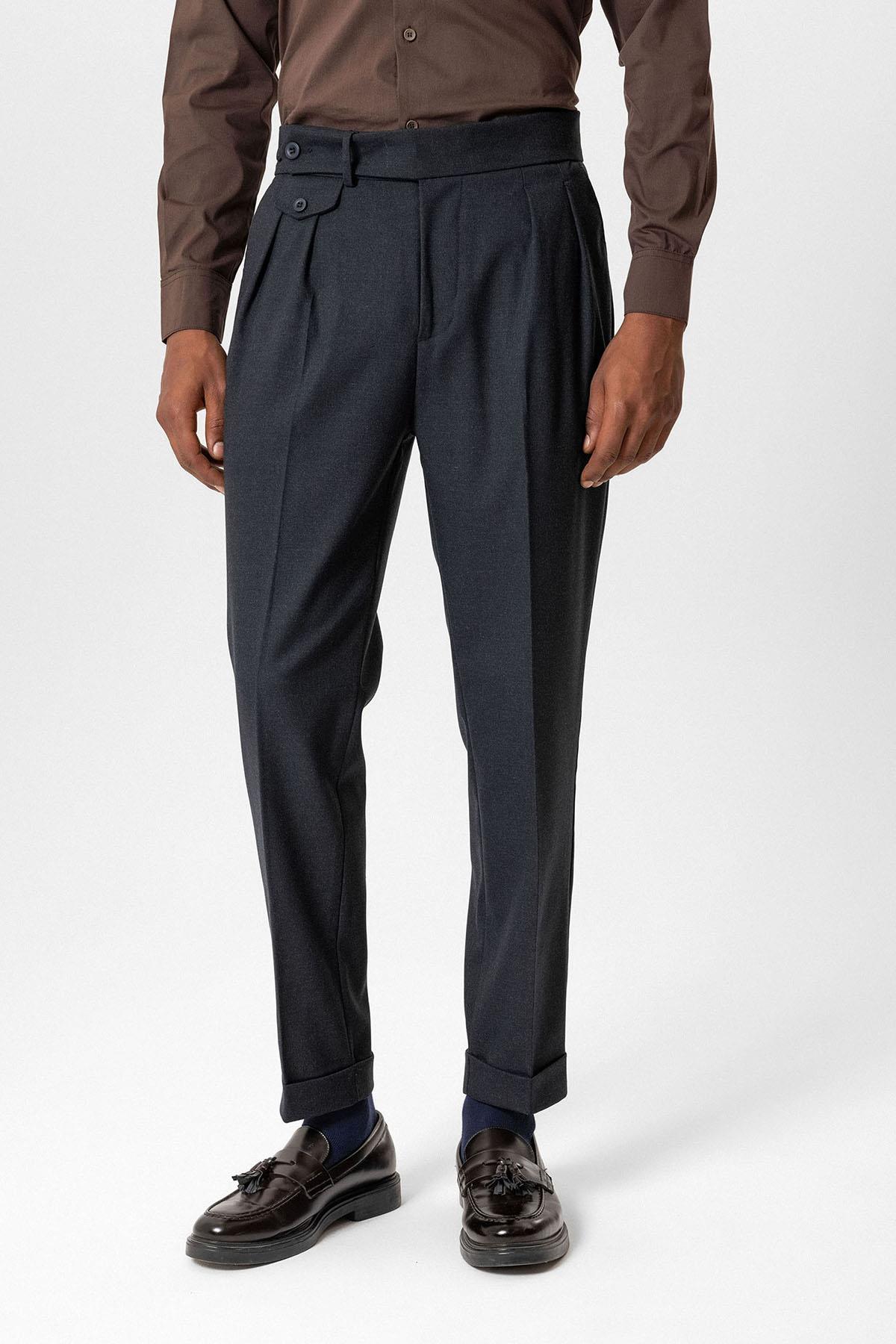 Antioch-Lacivert Yüksek Bel Pileli Teknik Erkek Pantolon-Pantolon-1-Milagron.com