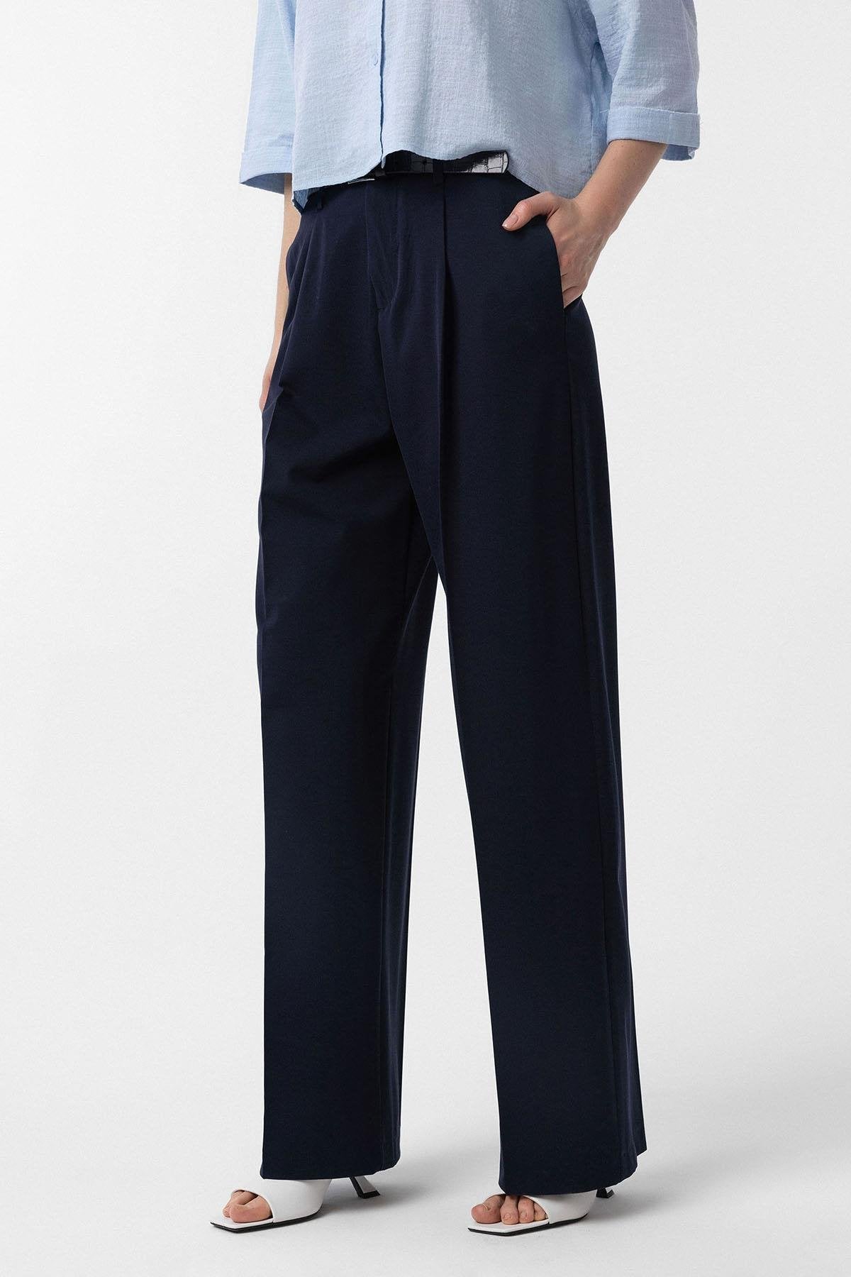 Antioch-Lacivert Yüksek Bel Pilili Kadın Pantolon-Kumaş Pantolon-1-Milagron.com