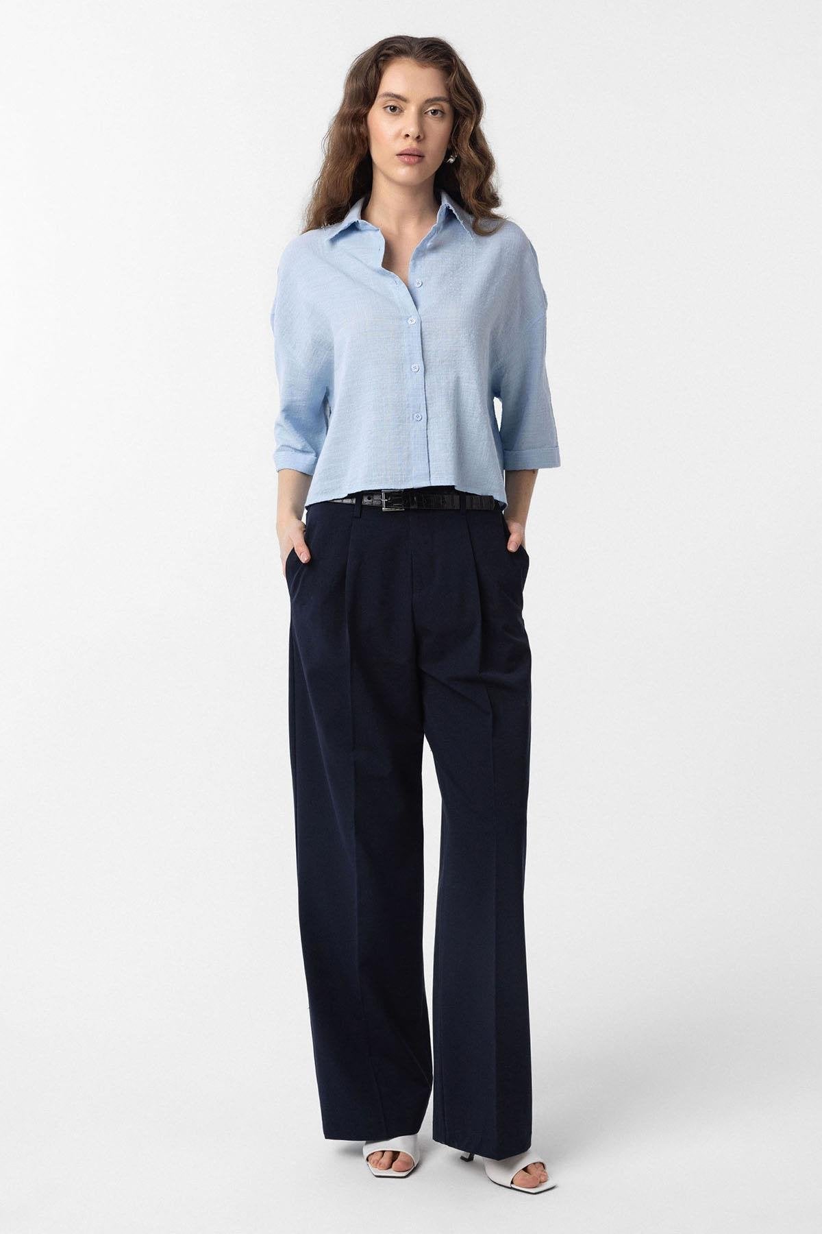 Antioch-Lacivert Yüksek Bel Pilili Kadın Pantolon-Kumaş Pantolon-2-Milagron.com