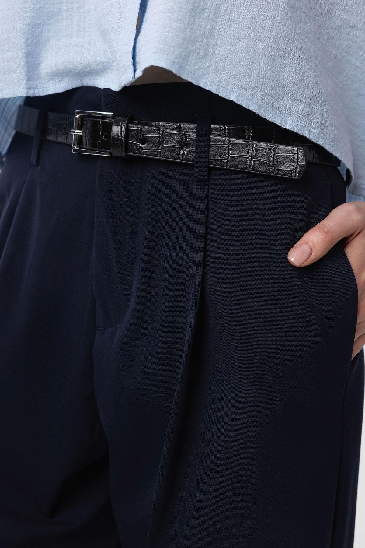 Antioch-Lacivert Yüksek Bel Pilili Kadın Pantolon-Kumaş Pantolon-3-Milagron.com