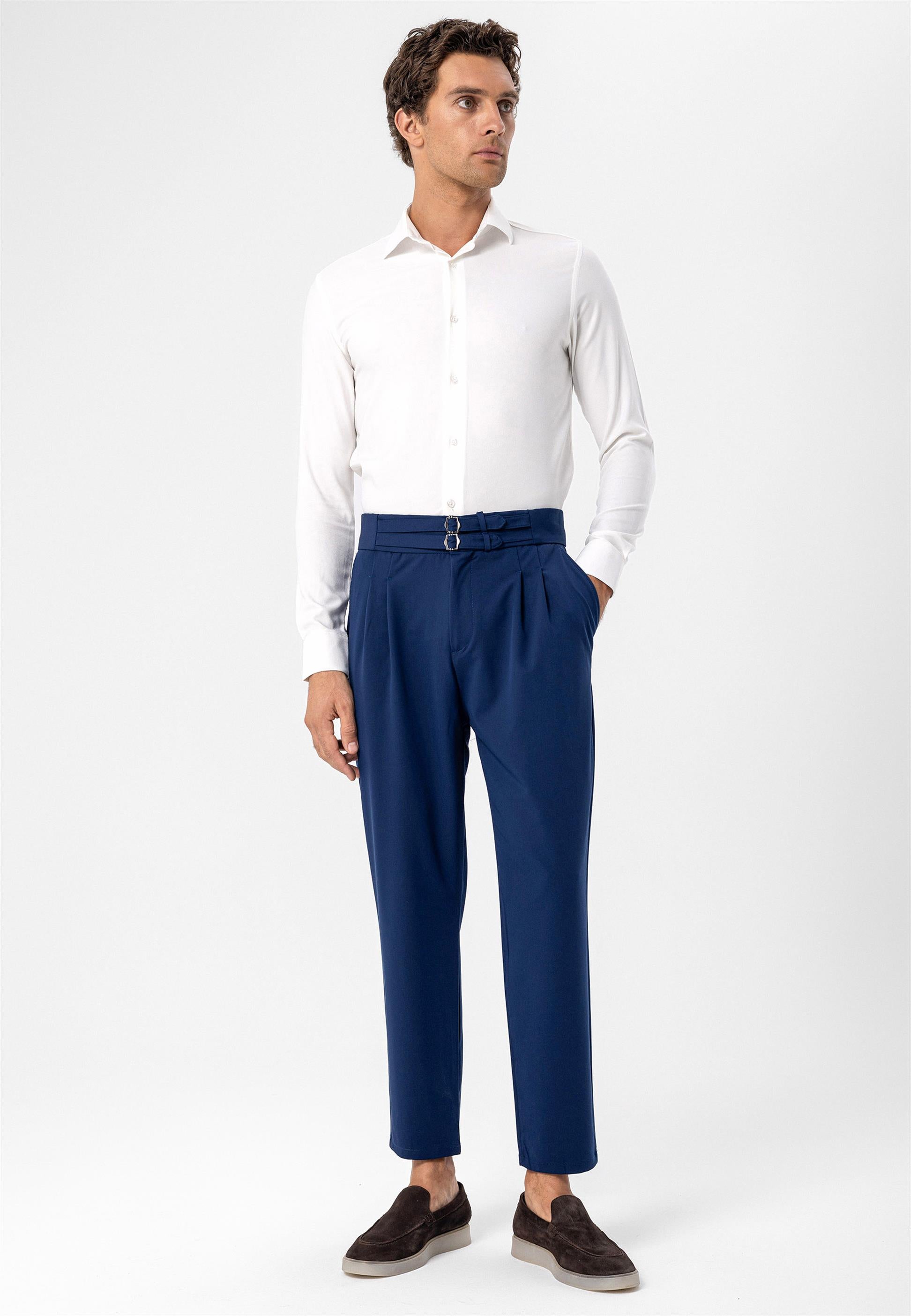 Antioch-Lacivert Yüksek Bel Toka Kemerli Pileli Kumaş Pantolon-Pantolon-1-Milagron.com