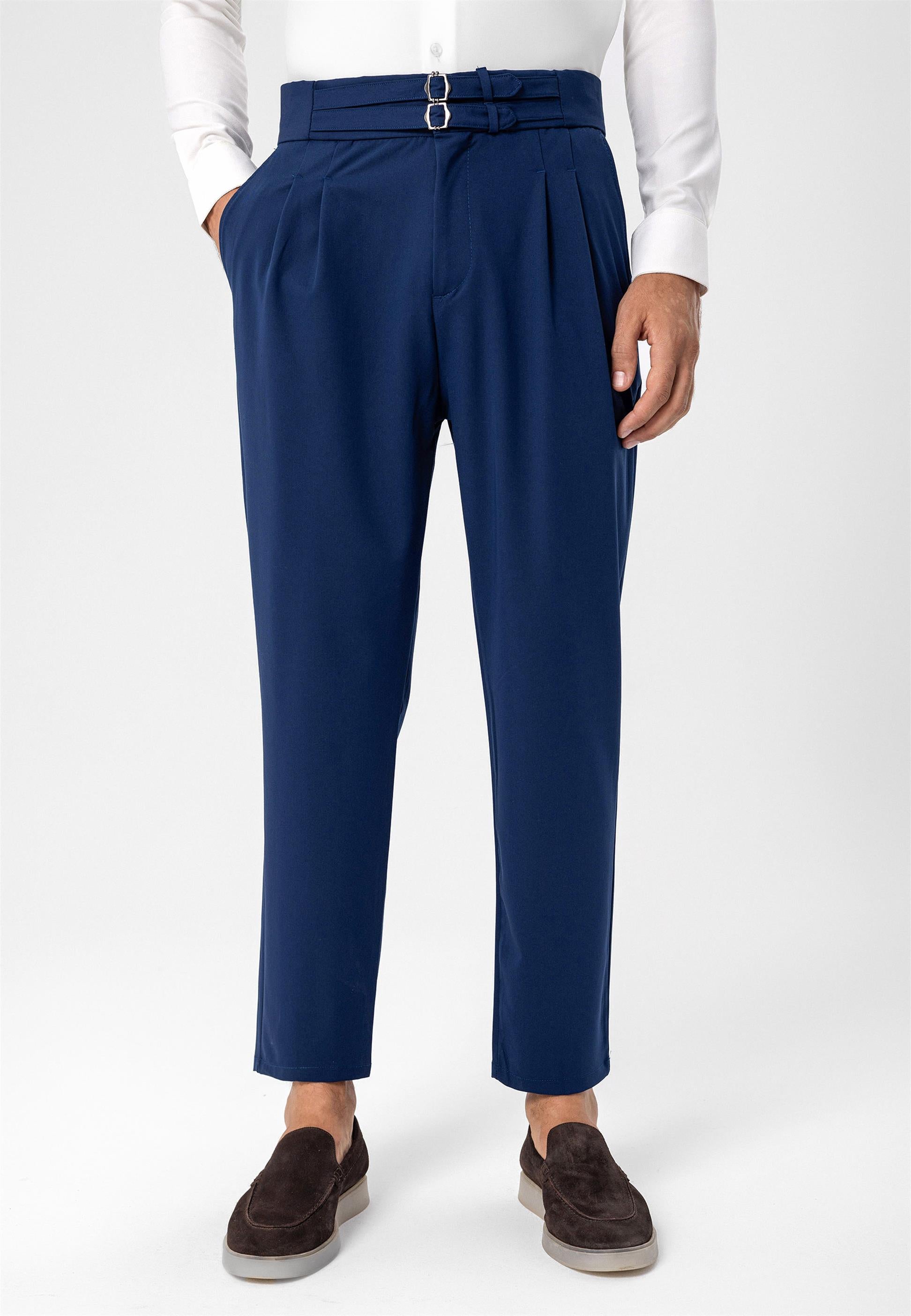 Antioch-Lacivert Yüksek Bel Toka Kemerli Pileli Kumaş Pantolon-Pantolon-2-Milagron.com