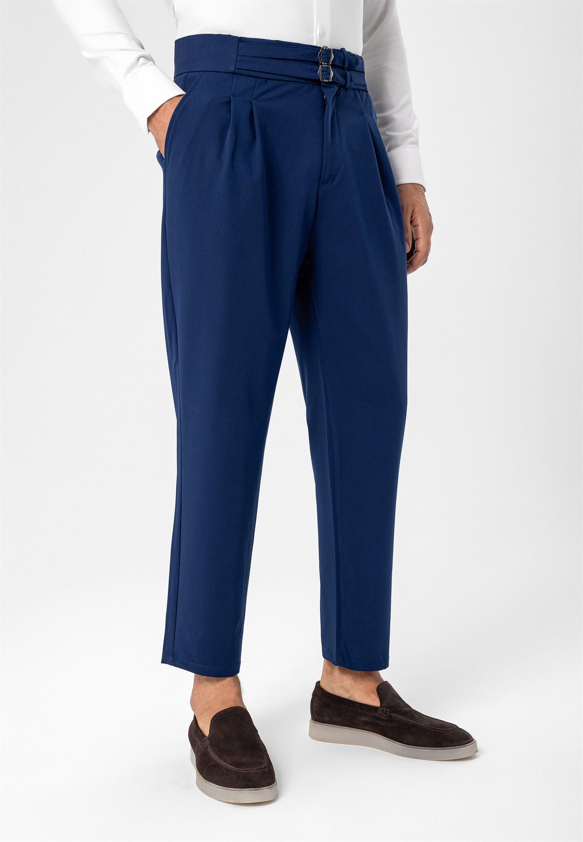 Antioch-Lacivert Yüksek Bel Toka Kemerli Pileli Kumaş Pantolon-Pantolon-3-Milagron.com