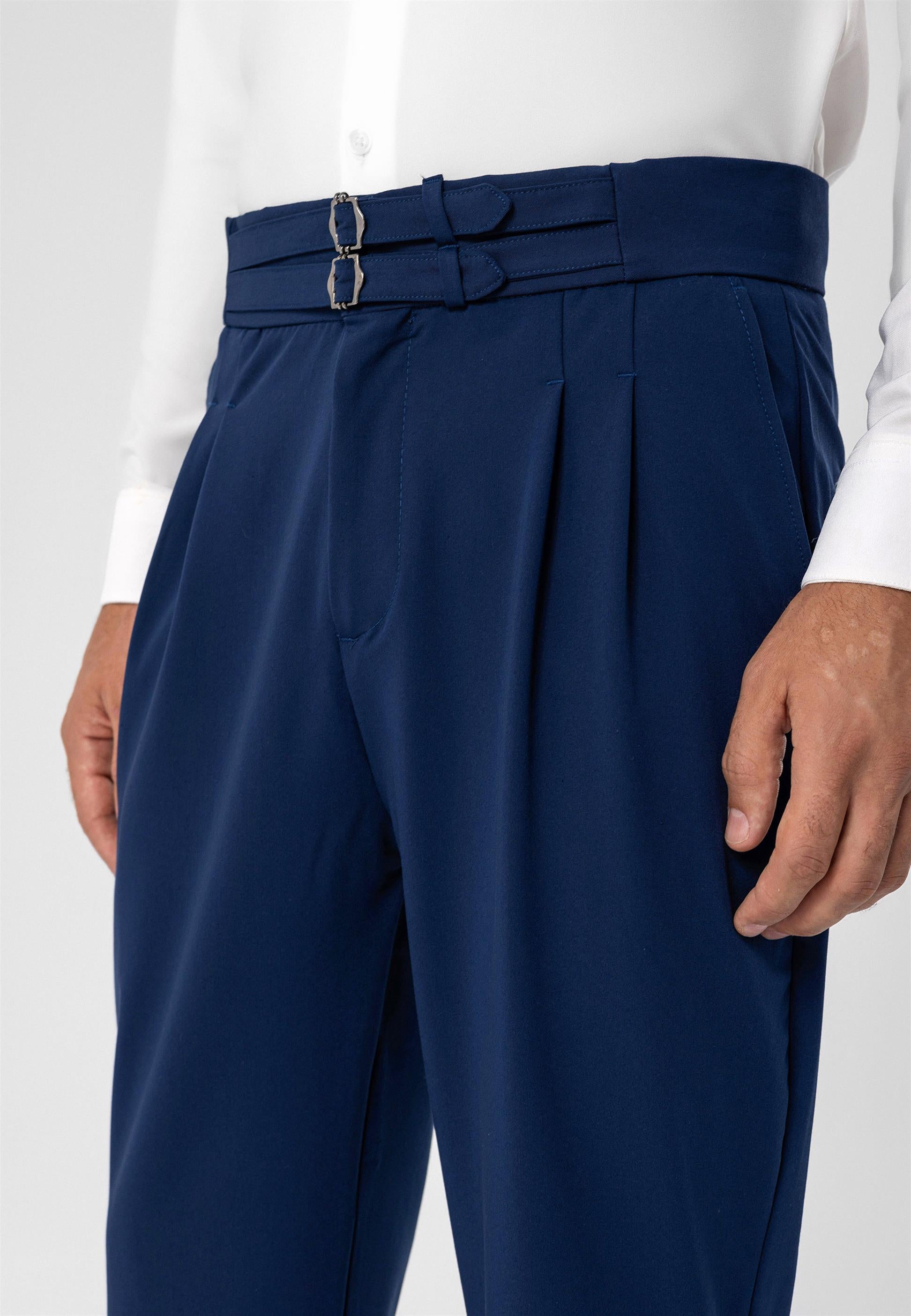 Antioch-Lacivert Yüksek Bel Toka Kemerli Pileli Kumaş Pantolon-Pantolon-4-Milagron.com