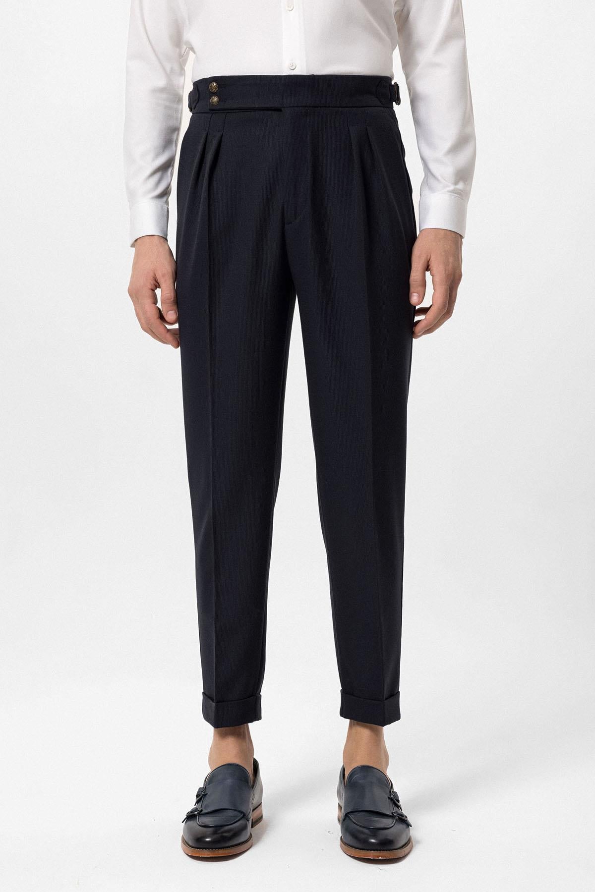 Antioch-Lacivert Yüksek Bel Yandan Tokalı Pileli Kumaş Pantolon-Kumaş Pantolon-2-Milagron.com