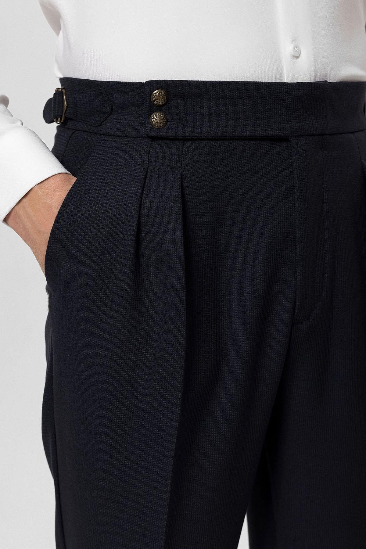 Antioch-Lacivert Yüksek Bel Yandan Tokalı Pileli Kumaş Pantolon-Kumaş Pantolon-4-Milagron.com