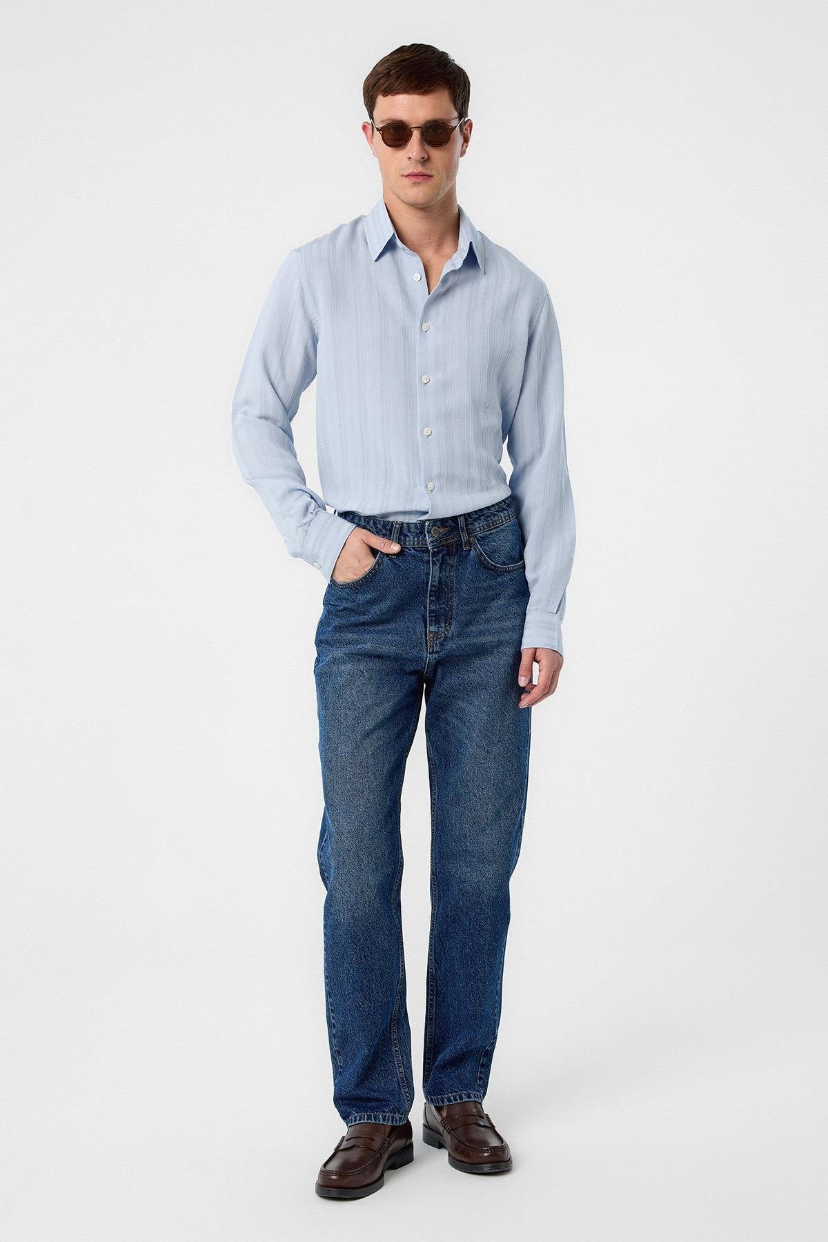 Antioch-Mavi Çizgili Ve Dokulu Erkek Gömlek-Gömlek-3-Milagron.com