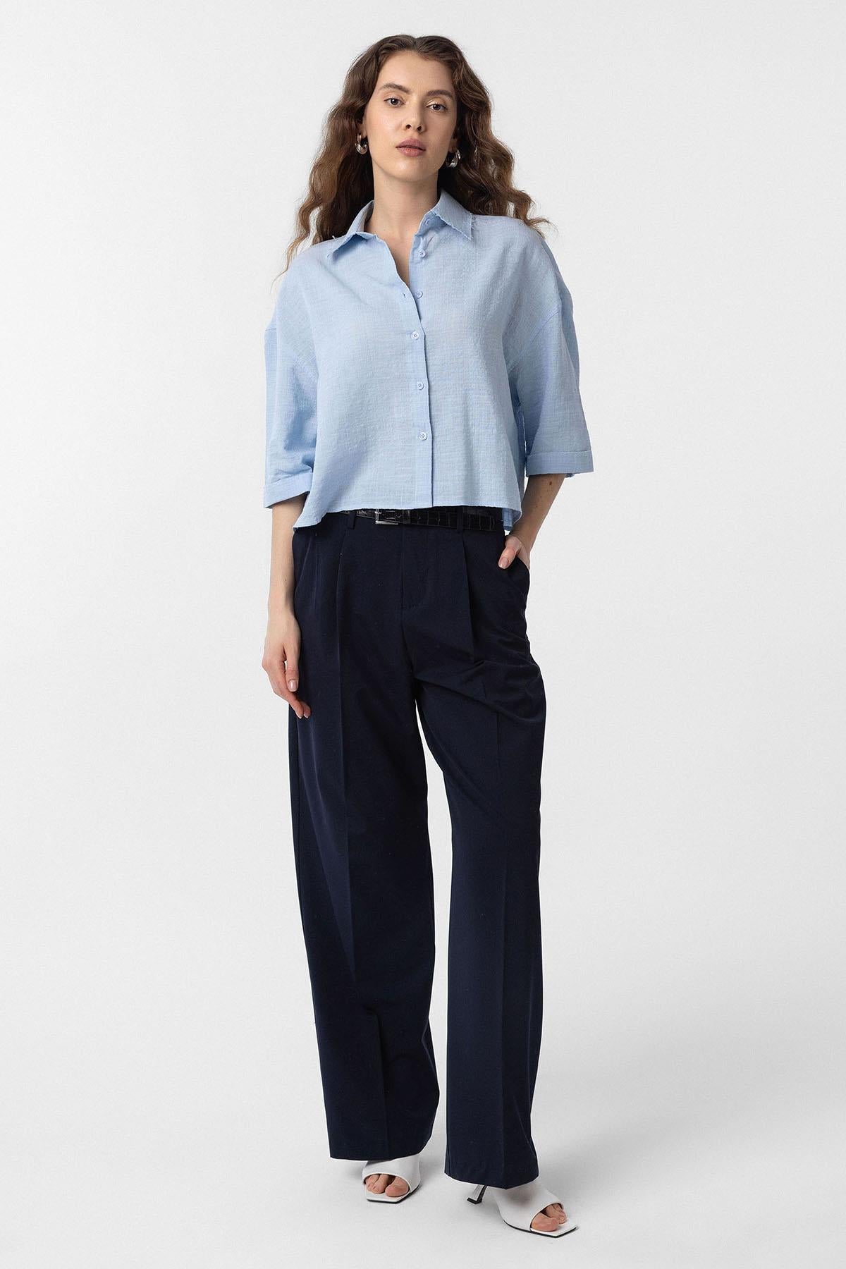 Antioch-Mavi Crop Dokulu Kadın Gömlek-Gömlek-2-Milagron.com