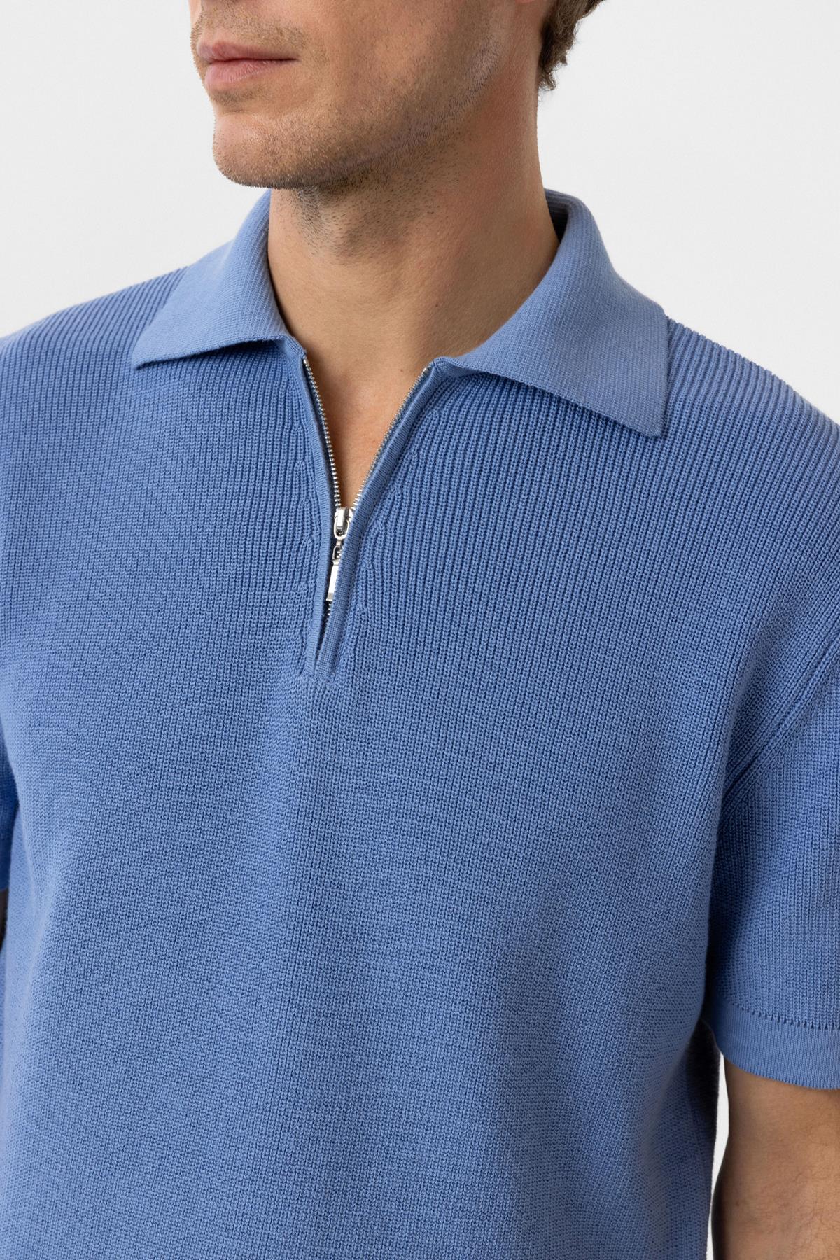 Antioch-Mavi Fermuarlı Dokuma Erkek Polo Yaka Triko T Shirt-T-Shirts-5-Milagron.com