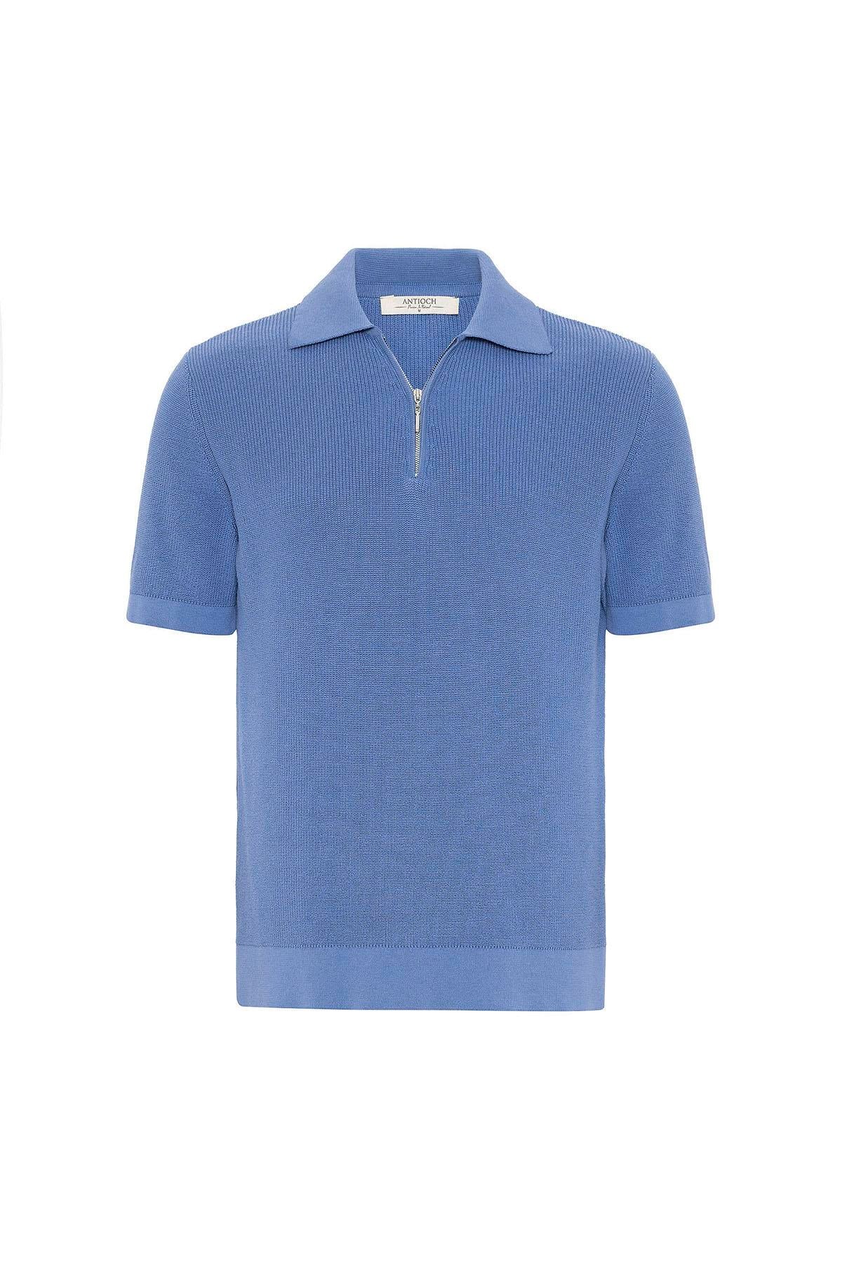 Antioch-Mavi Fermuarlı Dokuma Erkek Polo Yaka Triko T Shirt-T-Shirts-7-Milagron.com