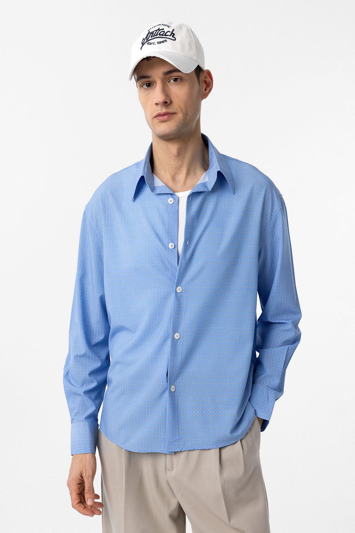 Antioch-Mavi Kareli Erkek Rahat Kalıp Erkek Gömlek-Gömlek-1-Milagron.com