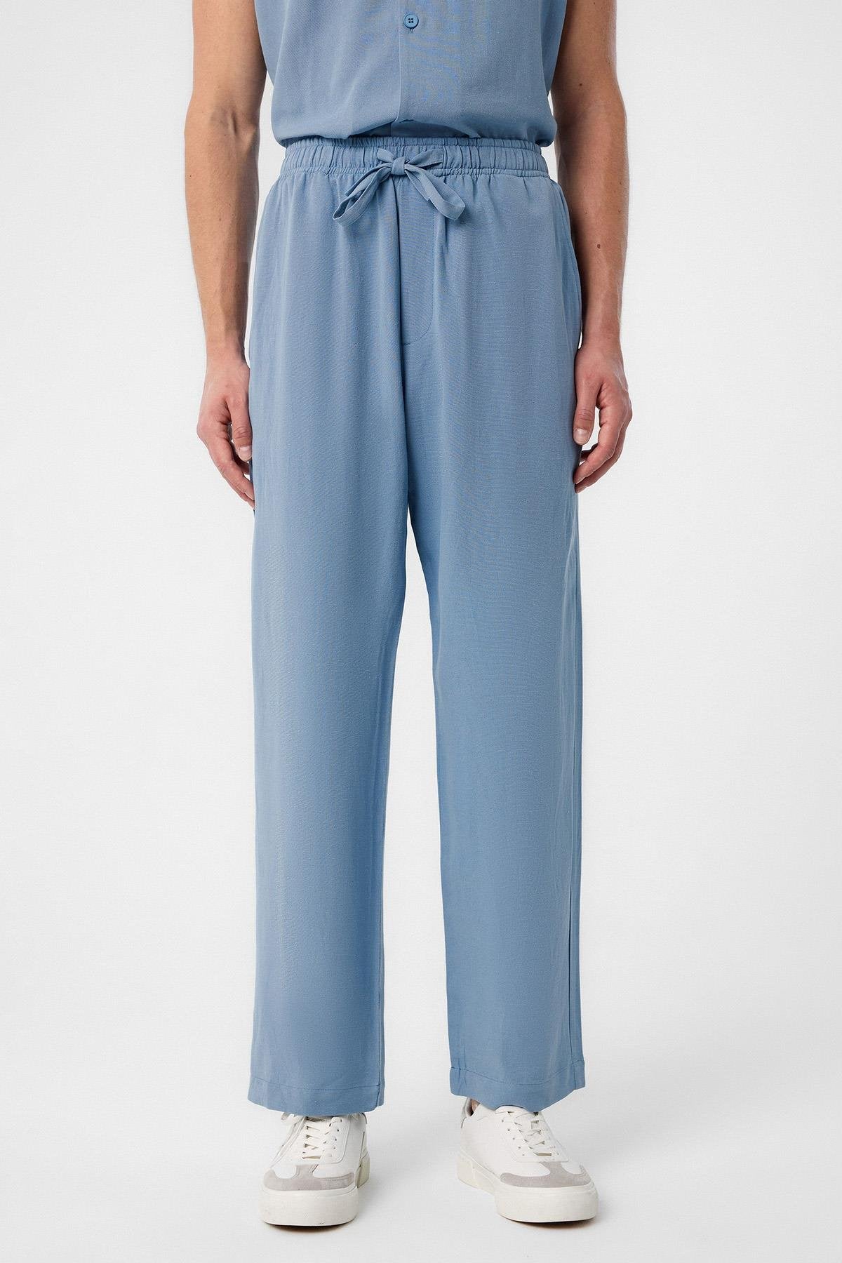 Antioch-Mavi Keten Karışımlı Jogger Erkek Pantolon-Kumaş Pantolon-1-Milagron.com