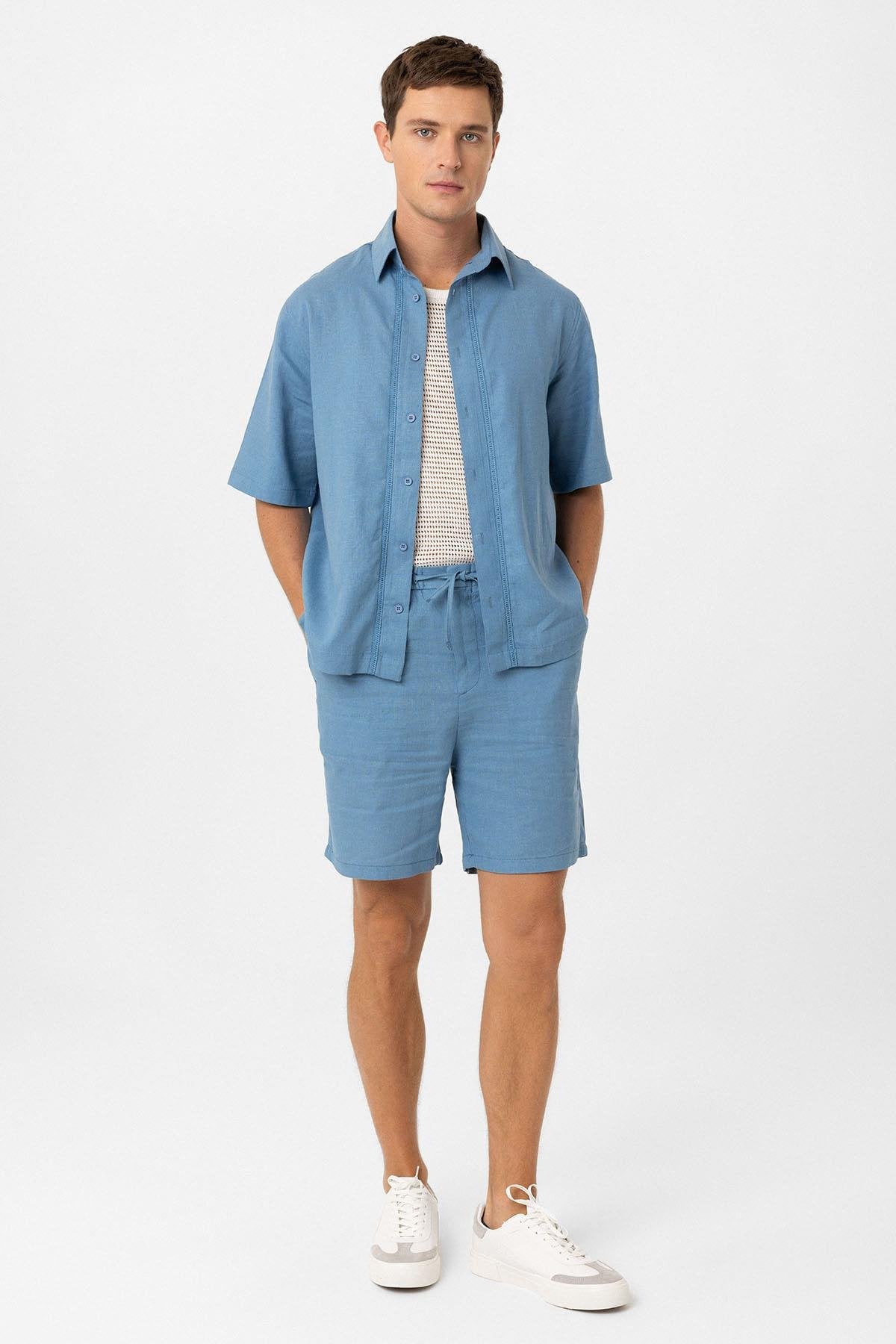 Antioch-Mavi Keten Karışımlı Relaxed Erkek Gömlek-Gömlek-2-Milagron.com
