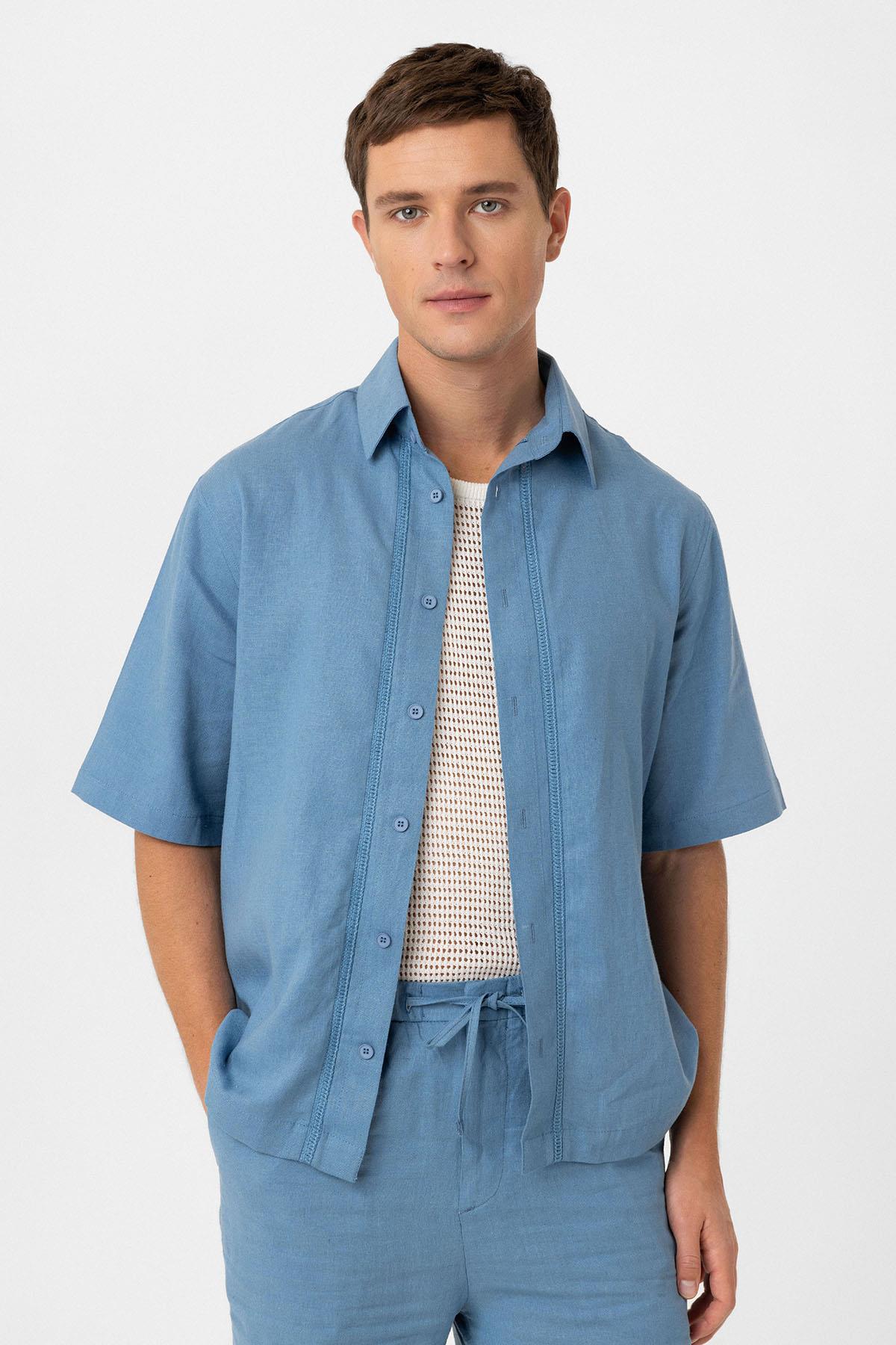 Antioch-Mavi Keten Karışımlı Relaxed Erkek Gömlek-Gömlek-3-Milagron.com