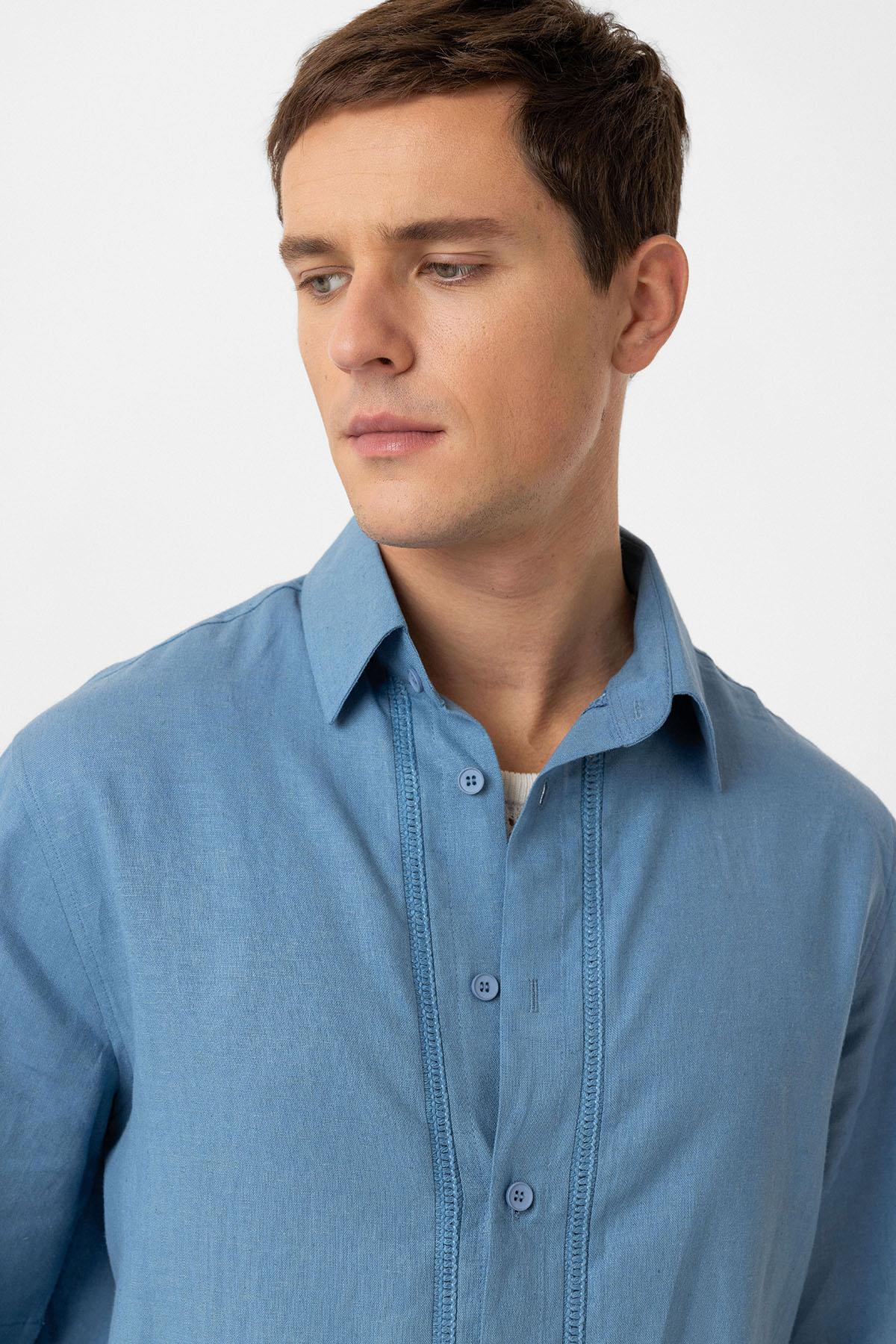 Antioch-Mavi Keten Karışımlı Relaxed Erkek Gömlek-Gömlek-4-Milagron.com