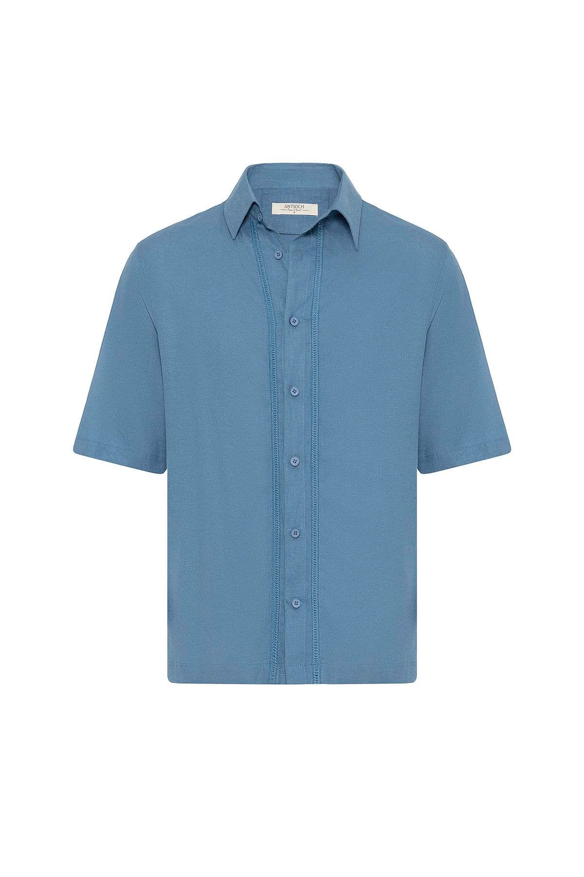 Antioch-Mavi Keten Karışımlı Relaxed Erkek Gömlek-Gömlek-6-Milagron.com