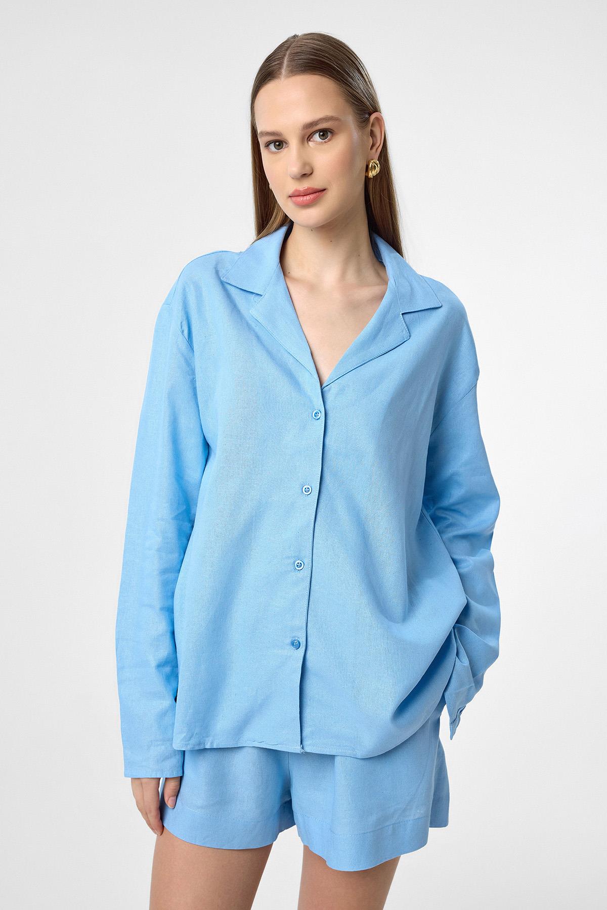 Antioch-Mavi Keten Karışımlı Şort Gömlek Kadın Takım-Alt - Üst Takım-3-Milagron.com