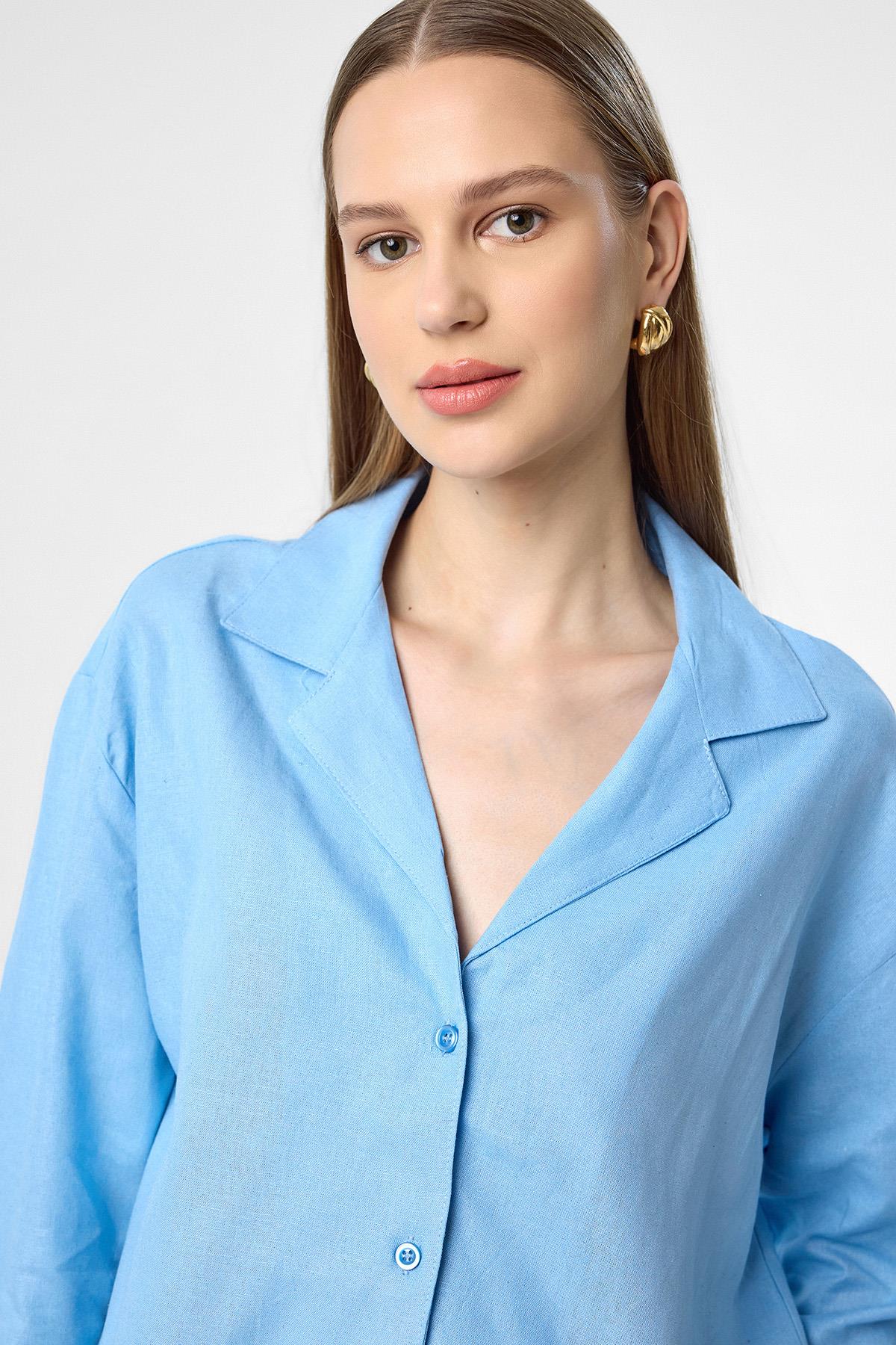 Antioch-Mavi Keten Karışımlı Şort Gömlek Kadın Takım-Alt - Üst Takım-5-Milagron.com