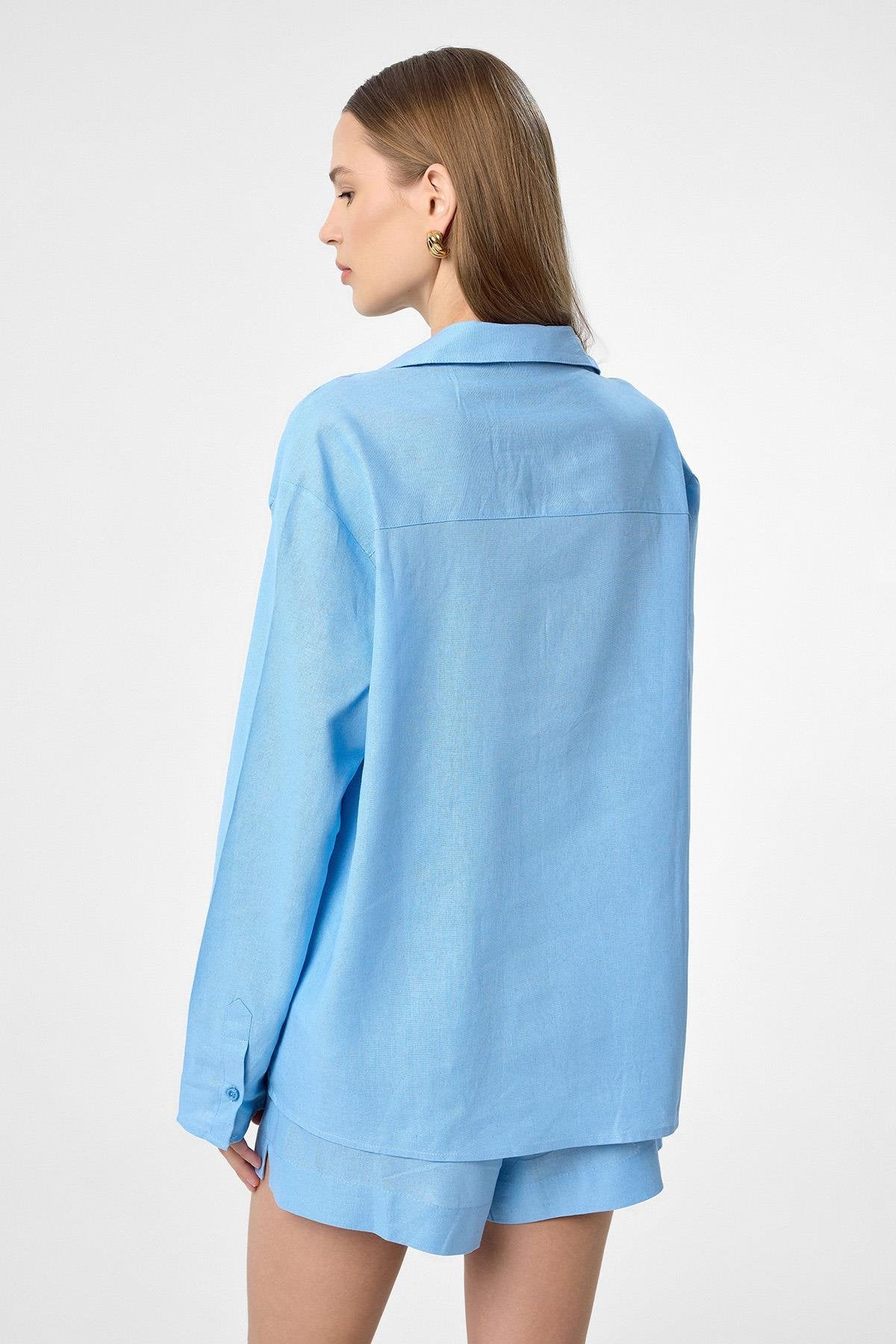 Antioch-Mavi Keten Karışımlı Şort Gömlek Kadın Takım-Alt - Üst Takım-8-Milagron.com