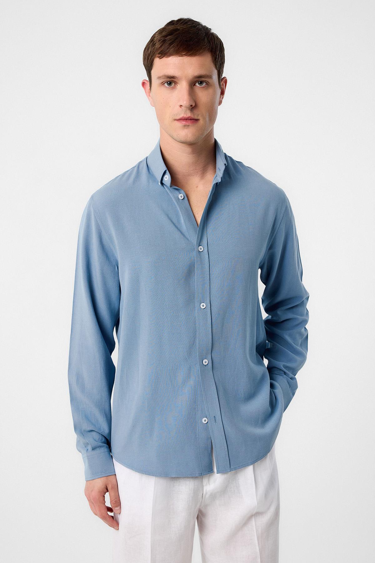 Antioch-Mavi Keten Karışımlı Yaka Düğmeli Erkek Gömlek-Gömlek-1-Milagron.com
