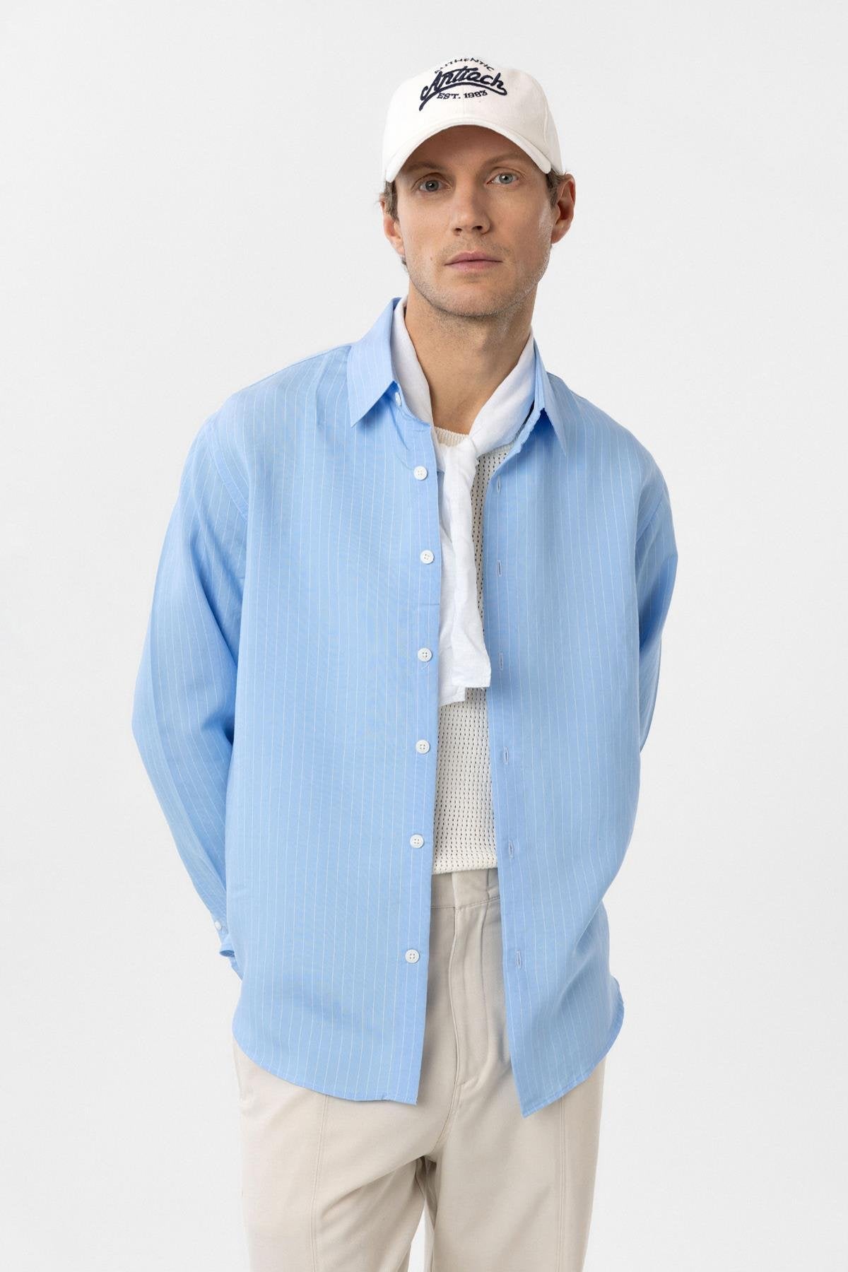 Antioch-Mavi Modal Kumaş Relax Fit Çizgili Erkek Gömlek-Gömlek-1-Milagron.com