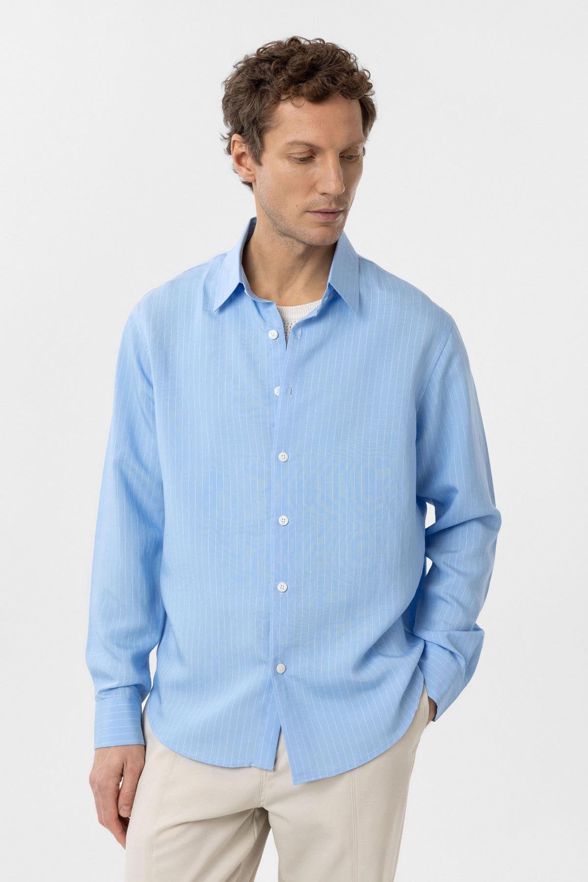 Antioch-Mavi Modal Kumaş Relax Fit Çizgili Erkek Gömlek-Gömlek-2-Milagron.com