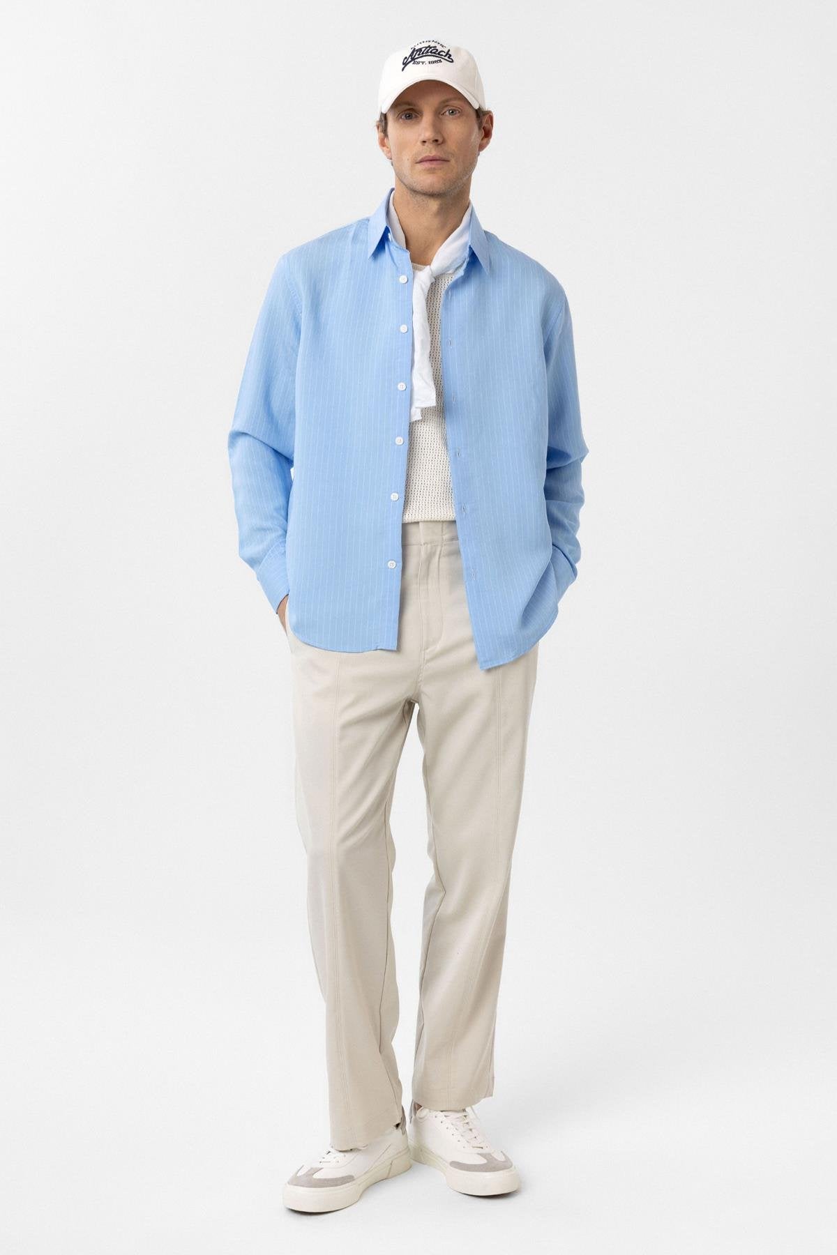 Antioch-Mavi Modal Kumaş Relax Fit Çizgili Erkek Gömlek-Gömlek-3-Milagron.com