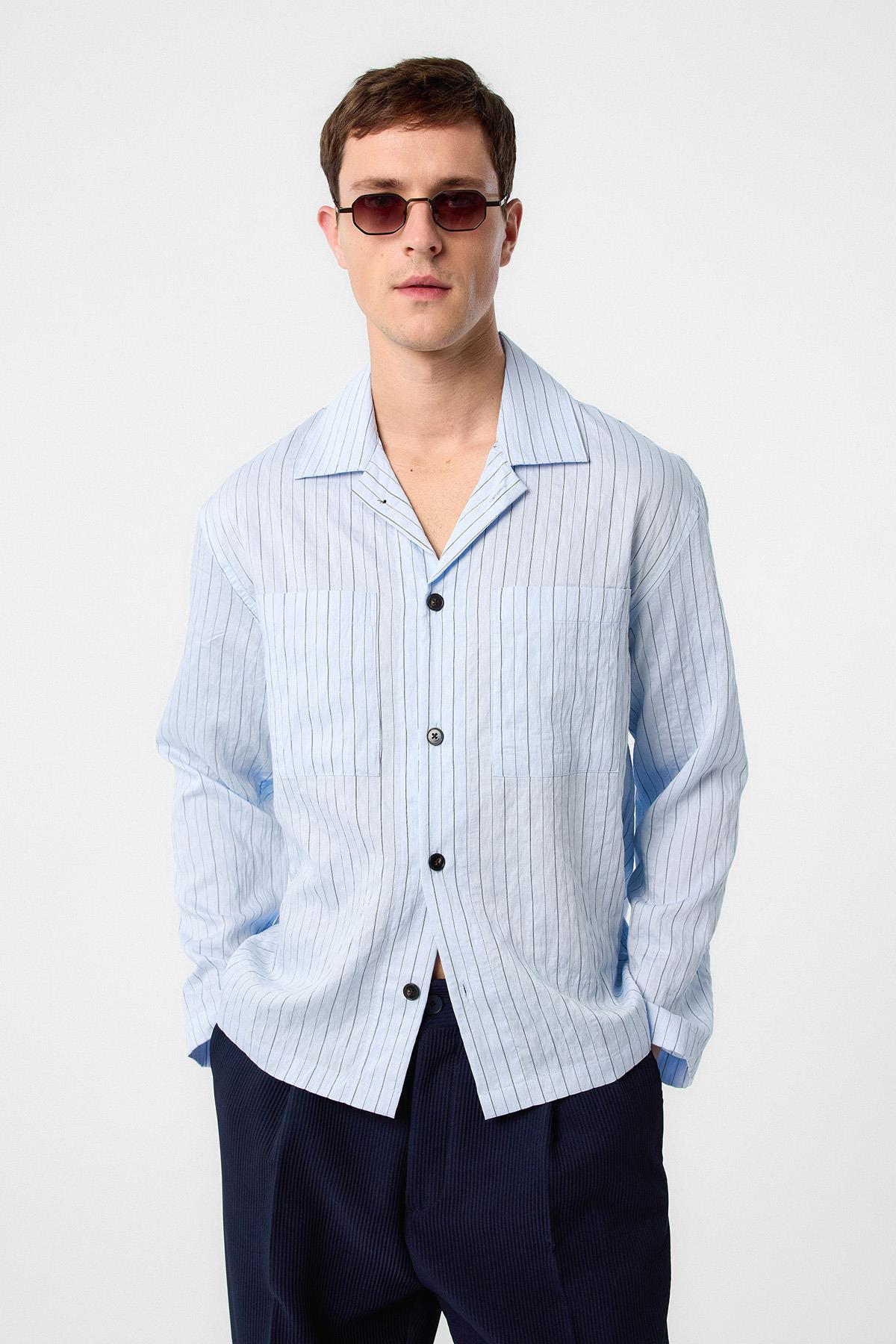 Antioch-Mavi Modal Kumaş çizgili Erkek Gömlek-Gömlek-1-Milagron.com