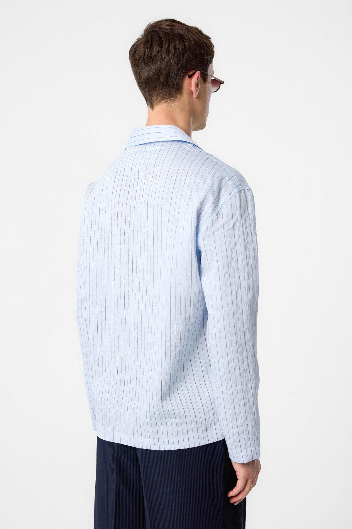 Antioch-Mavi Modal Kumaş çizgili Erkek Gömlek-Gömlek-6-Milagron.com