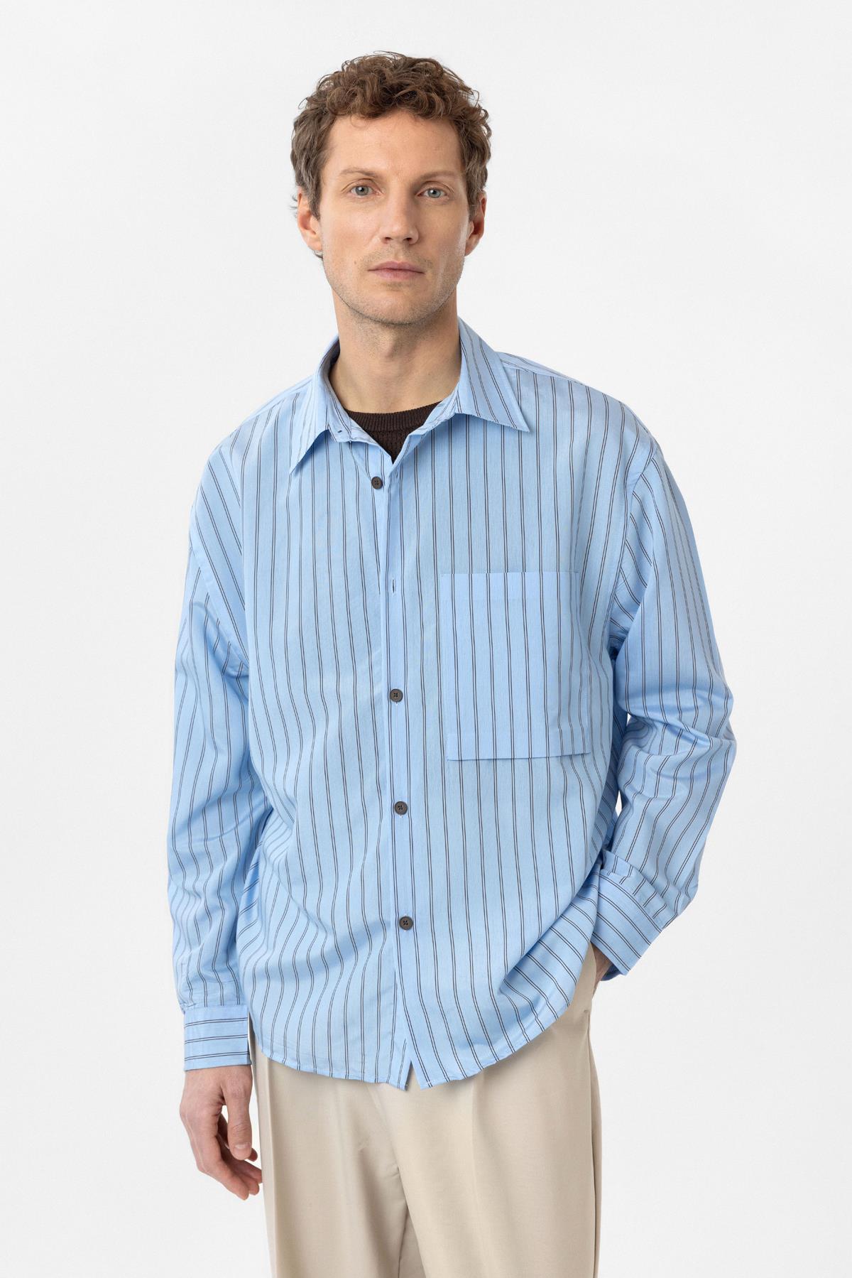 Antioch-Mavi Relax Fit Çizgili Erkek Gömlek-Gömlek-10-Milagron.com