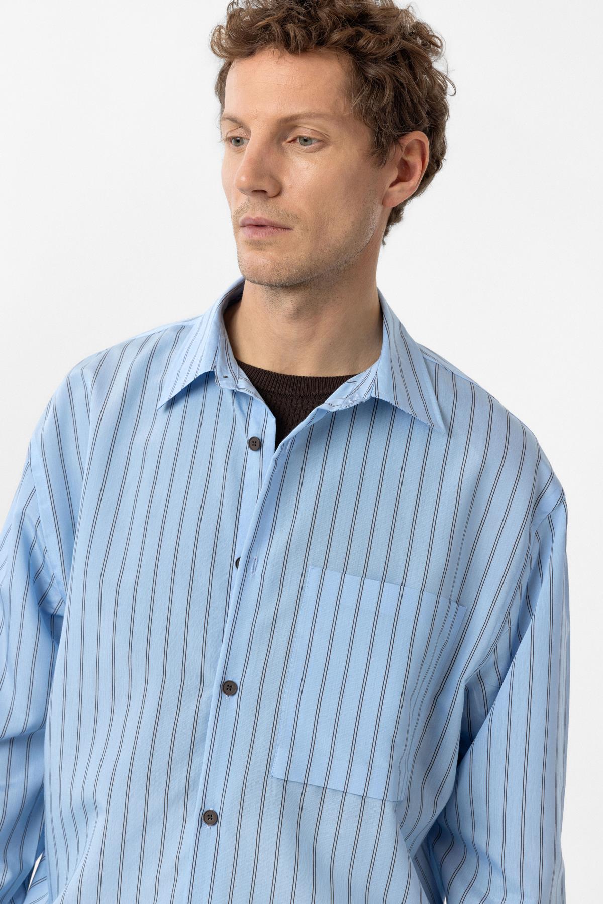 Antioch-Mavi Relax Fit Çizgili Erkek Gömlek-Gömlek-11-Milagron.com