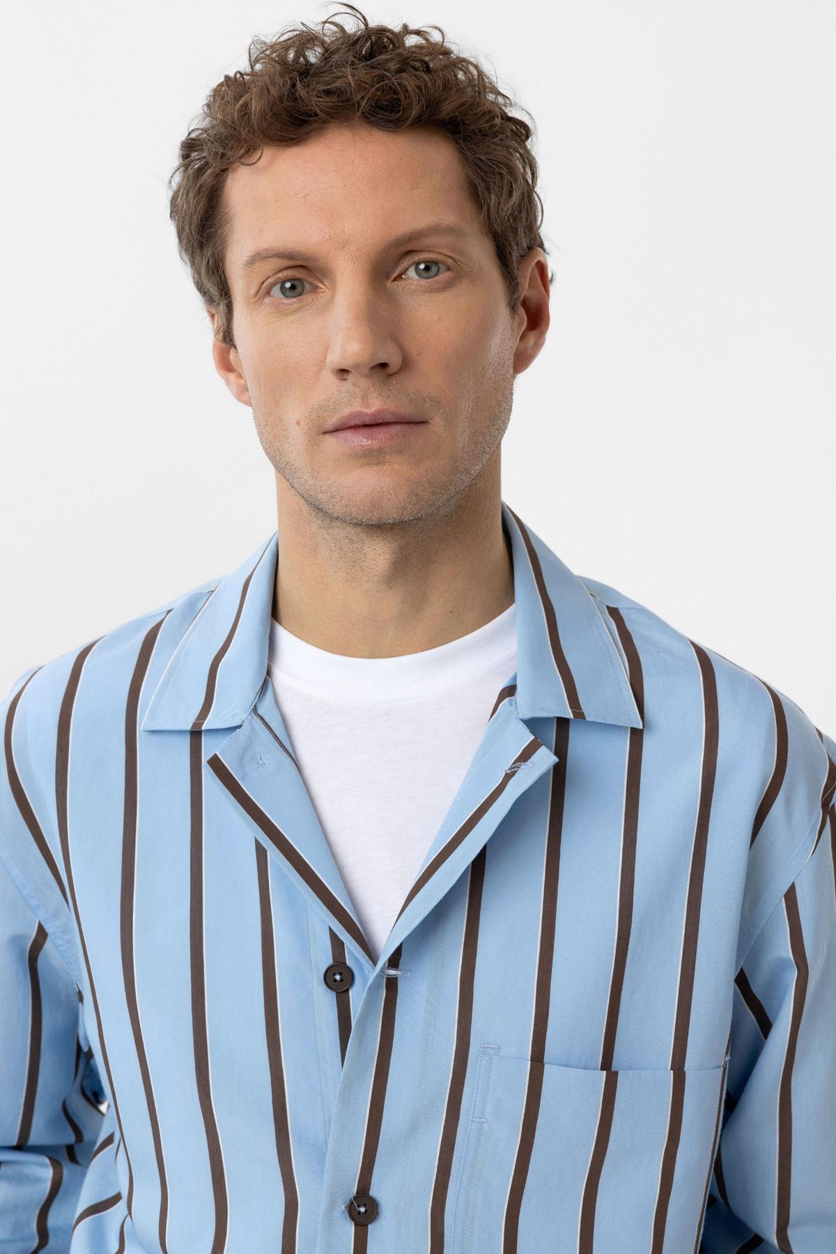 Antioch-Mavi Relax Fit Çizgili Erkek Gömlek-Gömlek-4-Milagron.com