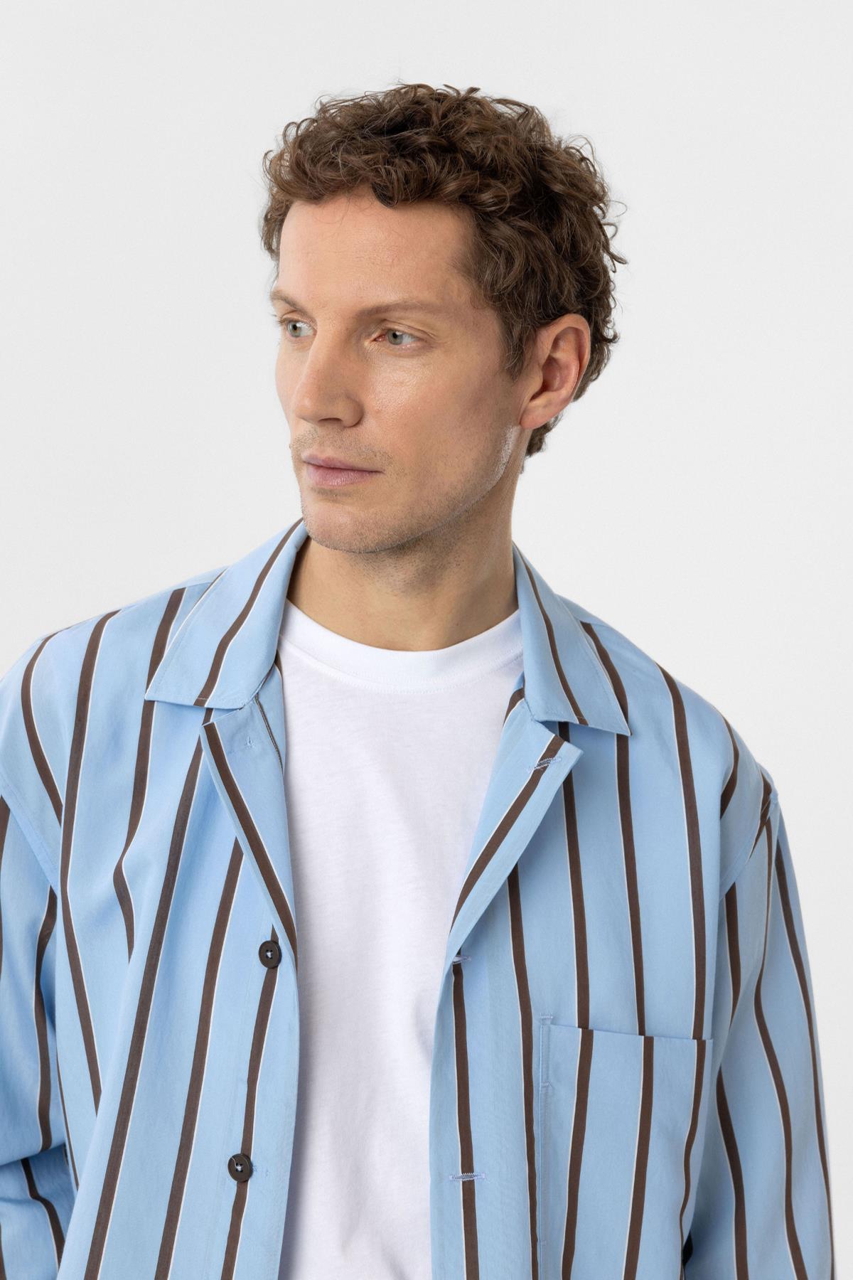 Antioch-Mavi Relax Fit Çizgili Erkek Gömlek-Gömlek-5-Milagron.com