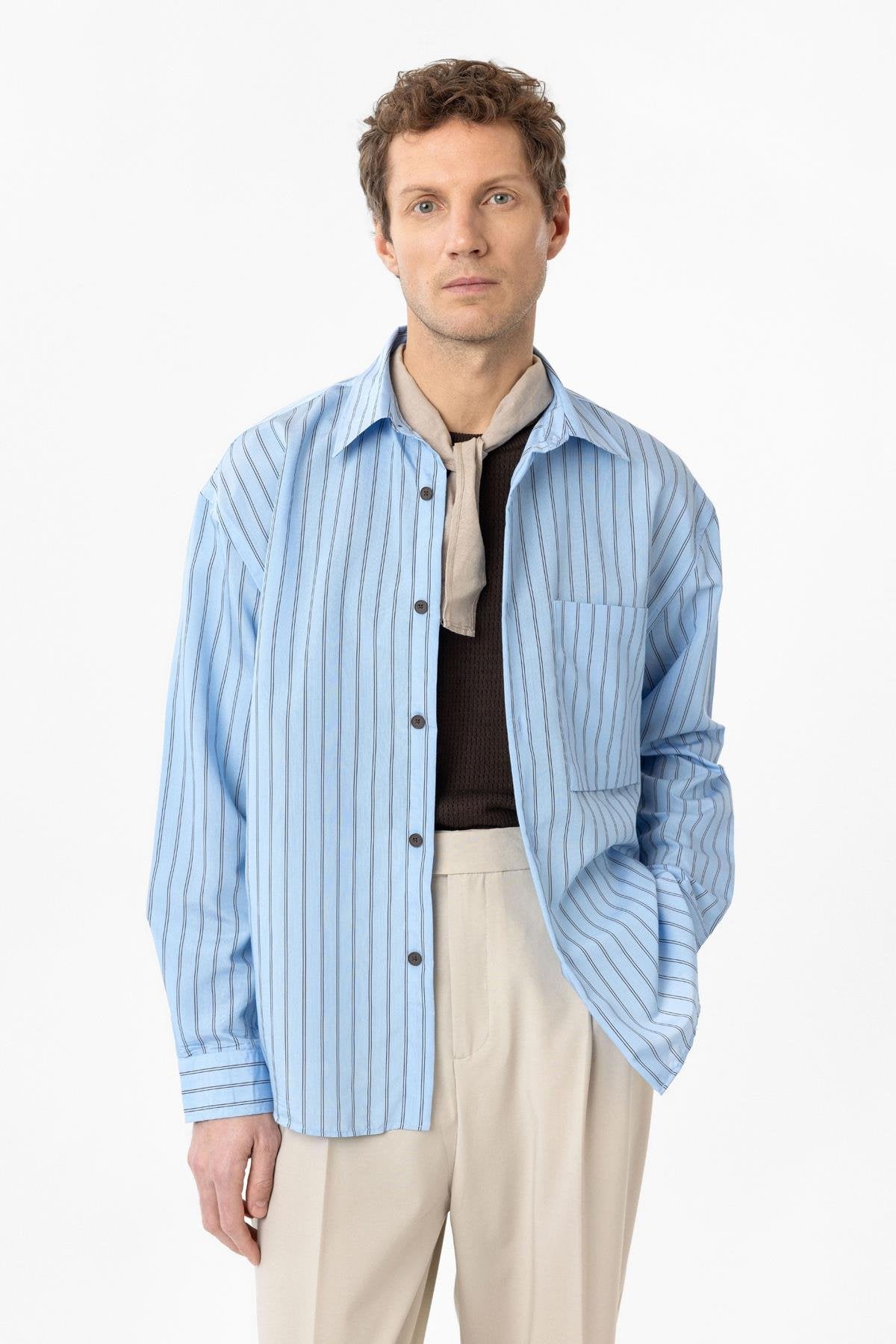 Antioch-Mavi Relax Fit Çizgili Erkek Gömlek-Gömlek-7-Milagron.com