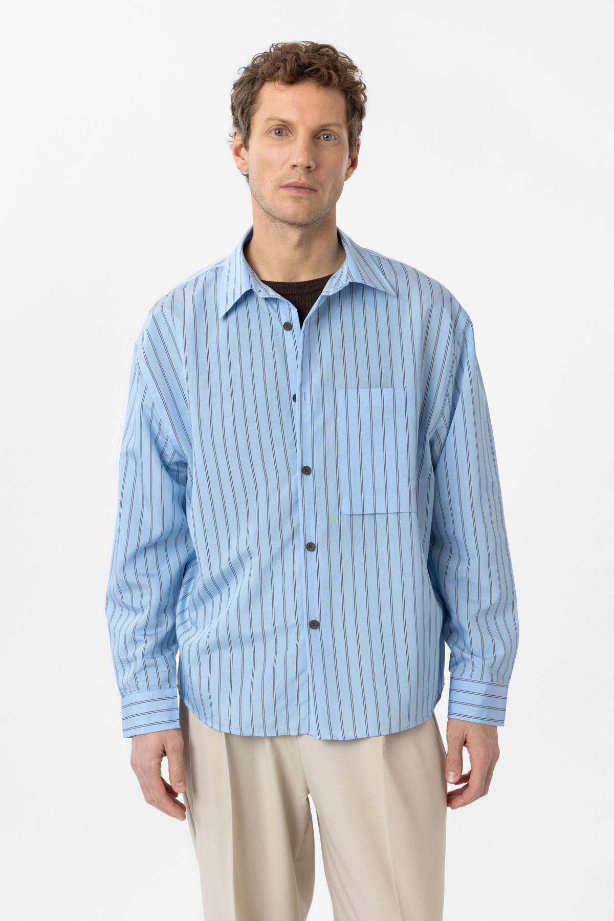 Antioch-Mavi Relax Fit Çizgili Erkek Gömlek-Gömlek-9-Milagron.com