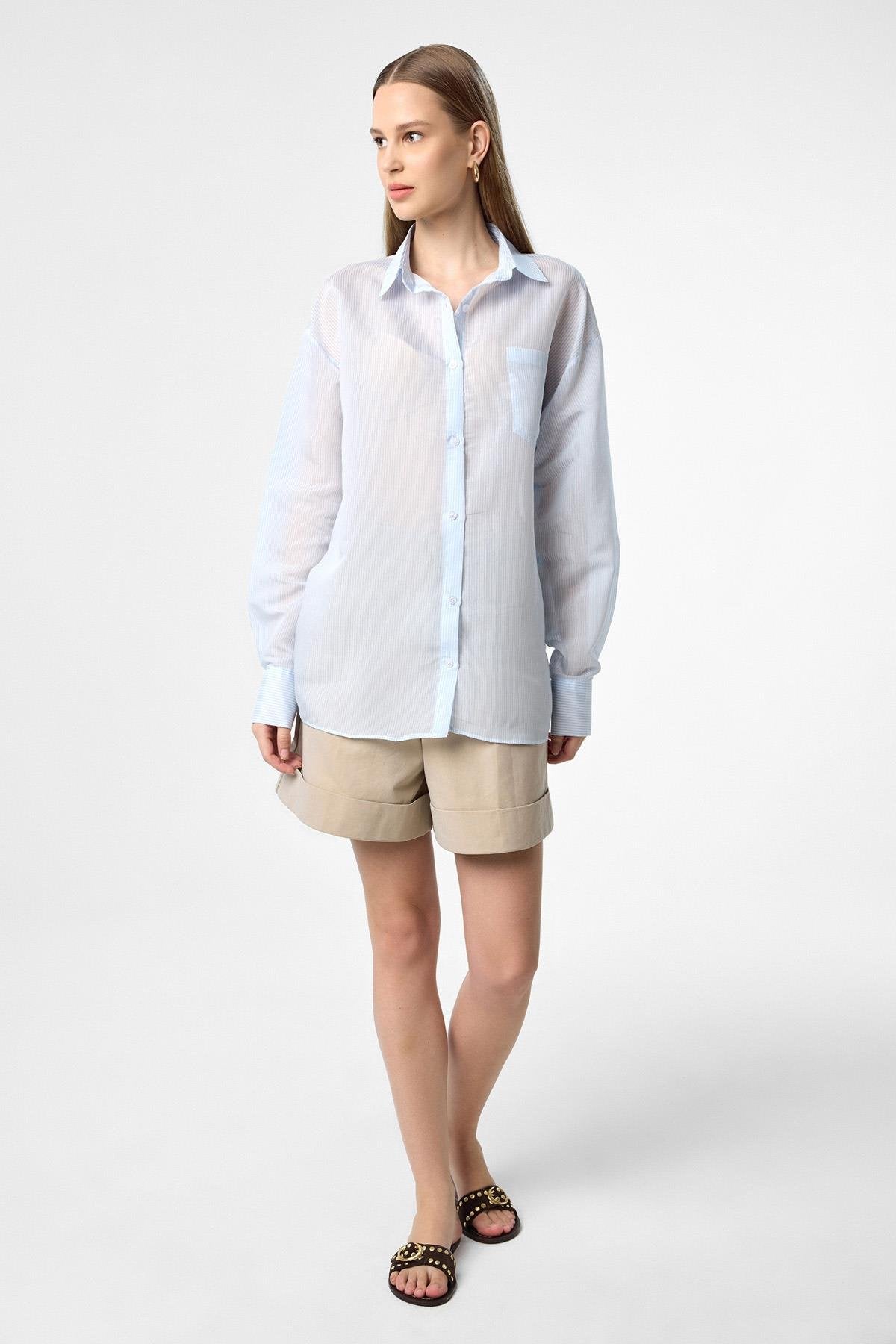 Antioch-Mavi Relax Fit Çizgili Uzun Kollu Kadın Gömlek-Gömlek-3-Milagron.com