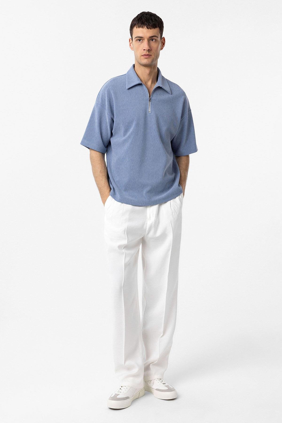 Antioch-Mavi Relax Fit Fermuarlı Polo Yaka Erkek T Shirt-T-Shirts-2-Milagron.com