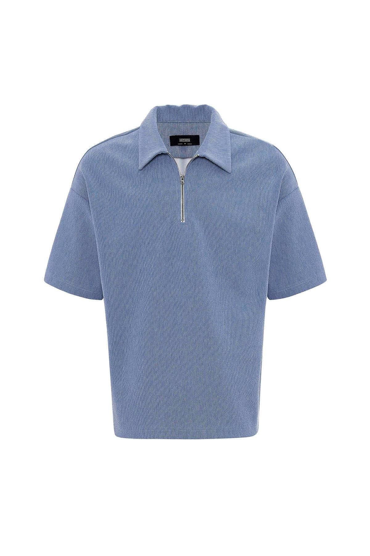 Antioch-Mavi Relax Fit Fermuarlı Polo Yaka Erkek T Shirt-T-Shirts-5-Milagron.com