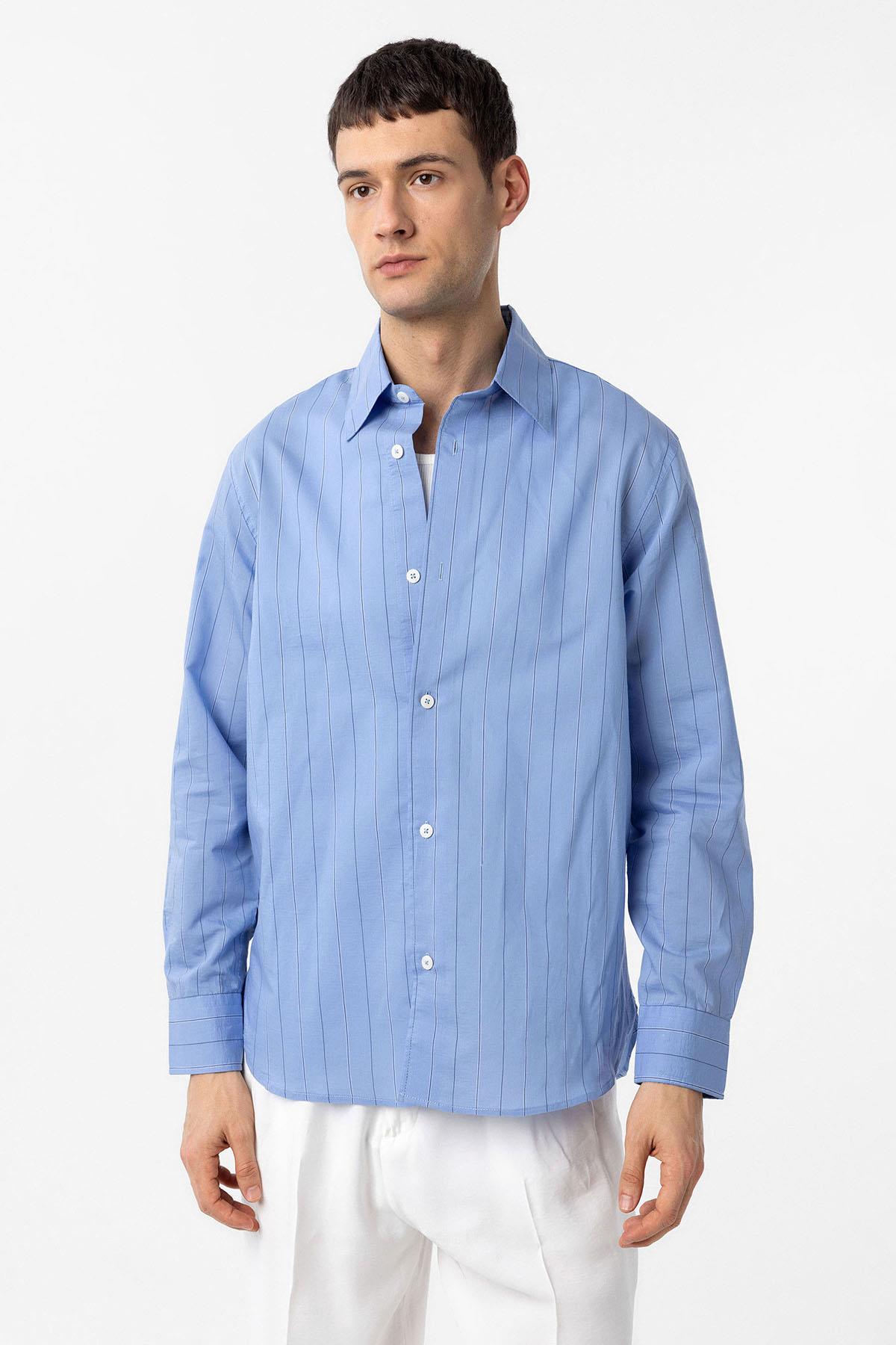 Antioch-Mavi Relaxed Çizgili Erkek Gömlek-Gömlek-1-Milagron.com