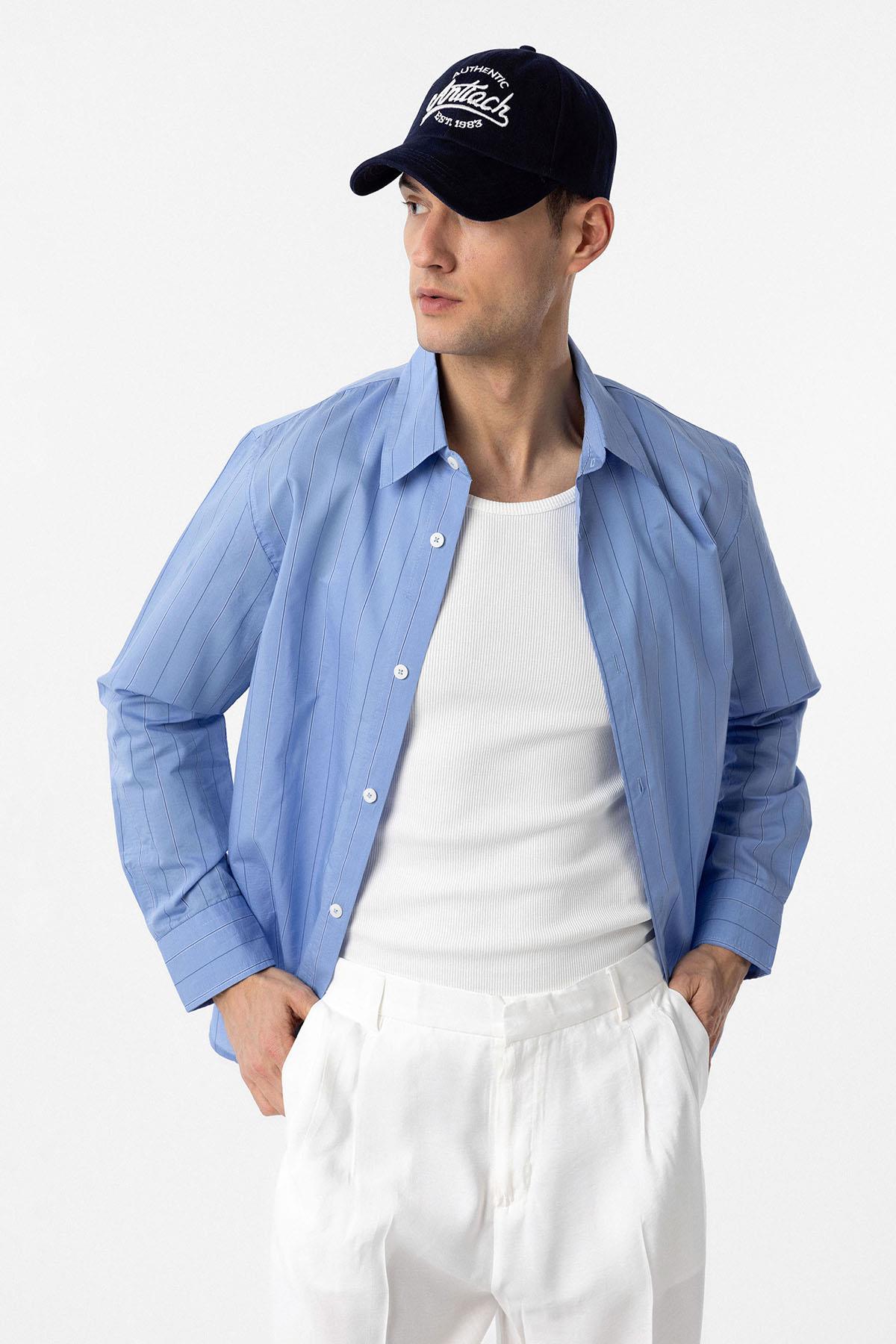 Antioch-Mavi Relaxed Çizgili Erkek Gömlek-Gömlek-3-Milagron.com
