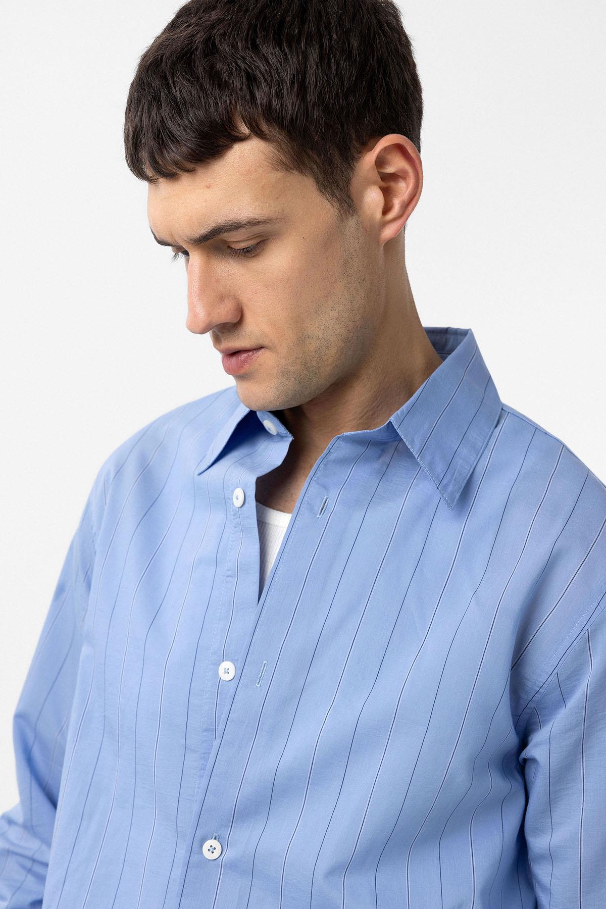 Antioch-Mavi Relaxed Çizgili Erkek Gömlek-Gömlek-4-Milagron.com