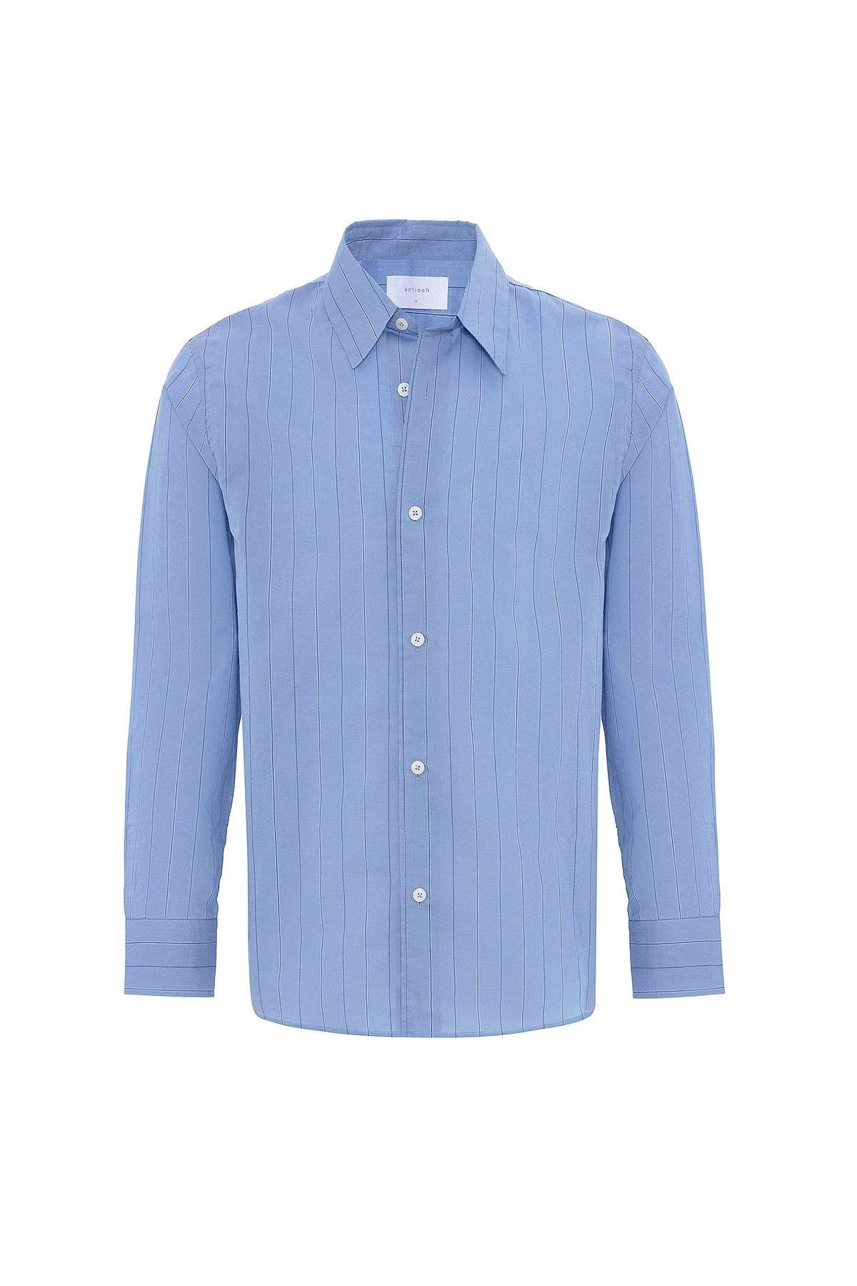 Antioch-Mavi Relaxed Çizgili Erkek Gömlek-Gömlek-6-Milagron.com