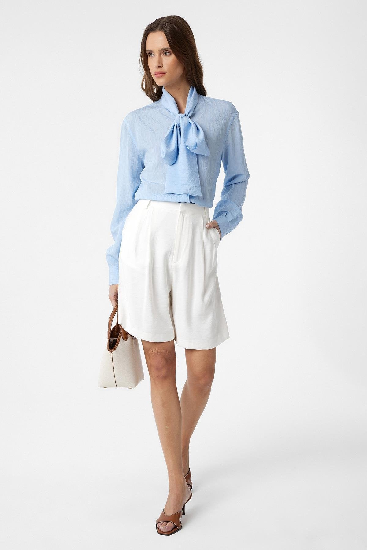 Antioch-Mavi Yakası Fularlı Kadın Gömlek-Gömlek-2-Milagron.com