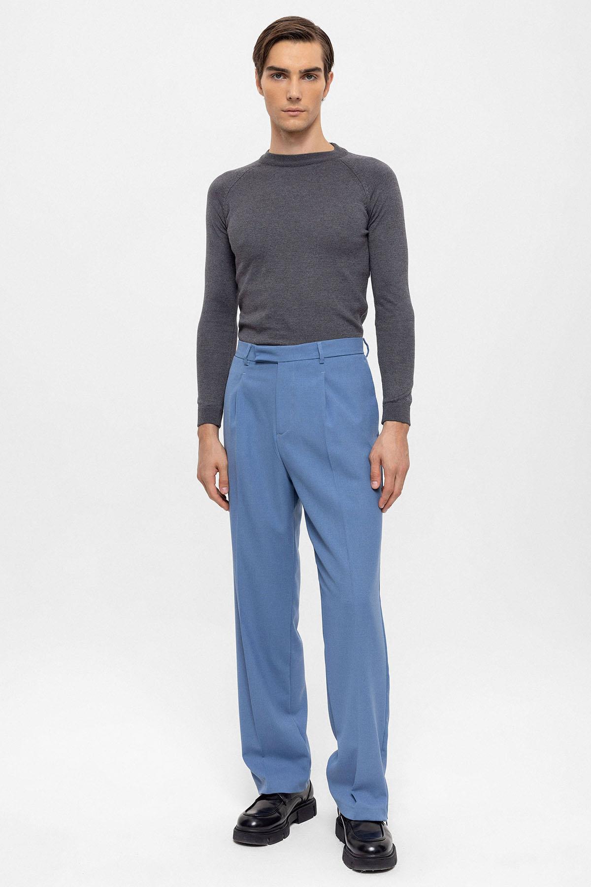 Antioch-Mavi Yüksek Bel Paça Fermuarlı Erkek Pantolon-Kumaş Pantolon-2-Milagron.com