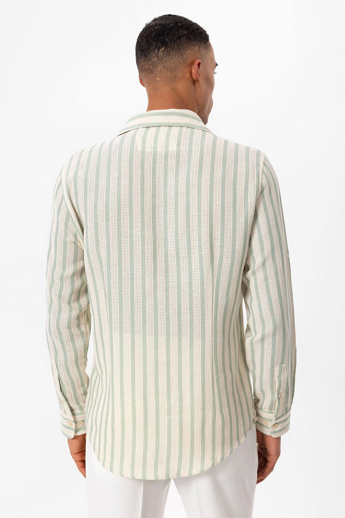 Antioch-Mint Çizgili Örme Uzun Kollu Erkek Gömlek-Gömlek-6-Milagron.com