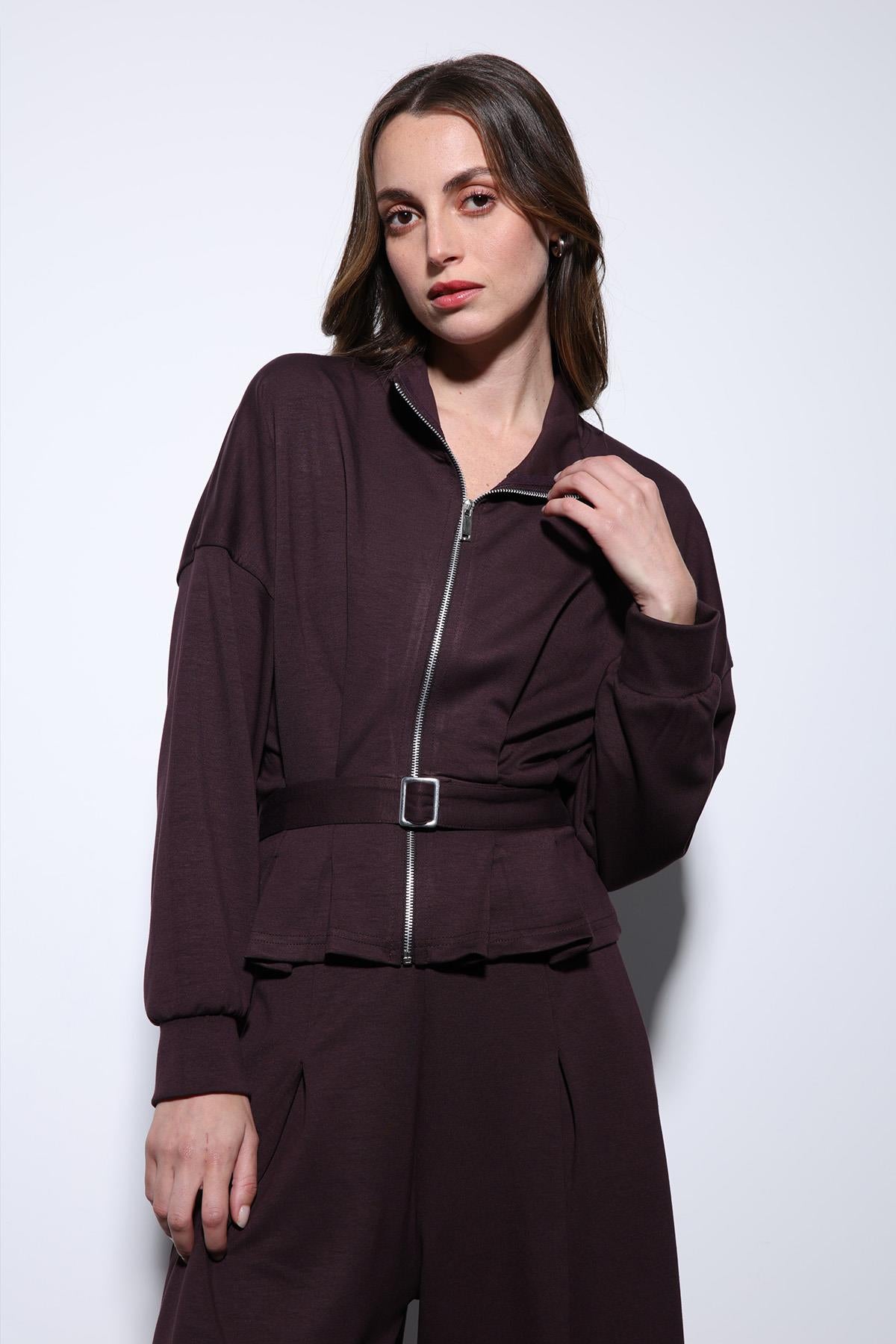 Antioch-Mürdüm Bel Kemerli Geniş Paça Pantolonlu Takım-Takım-5-Milagron.com