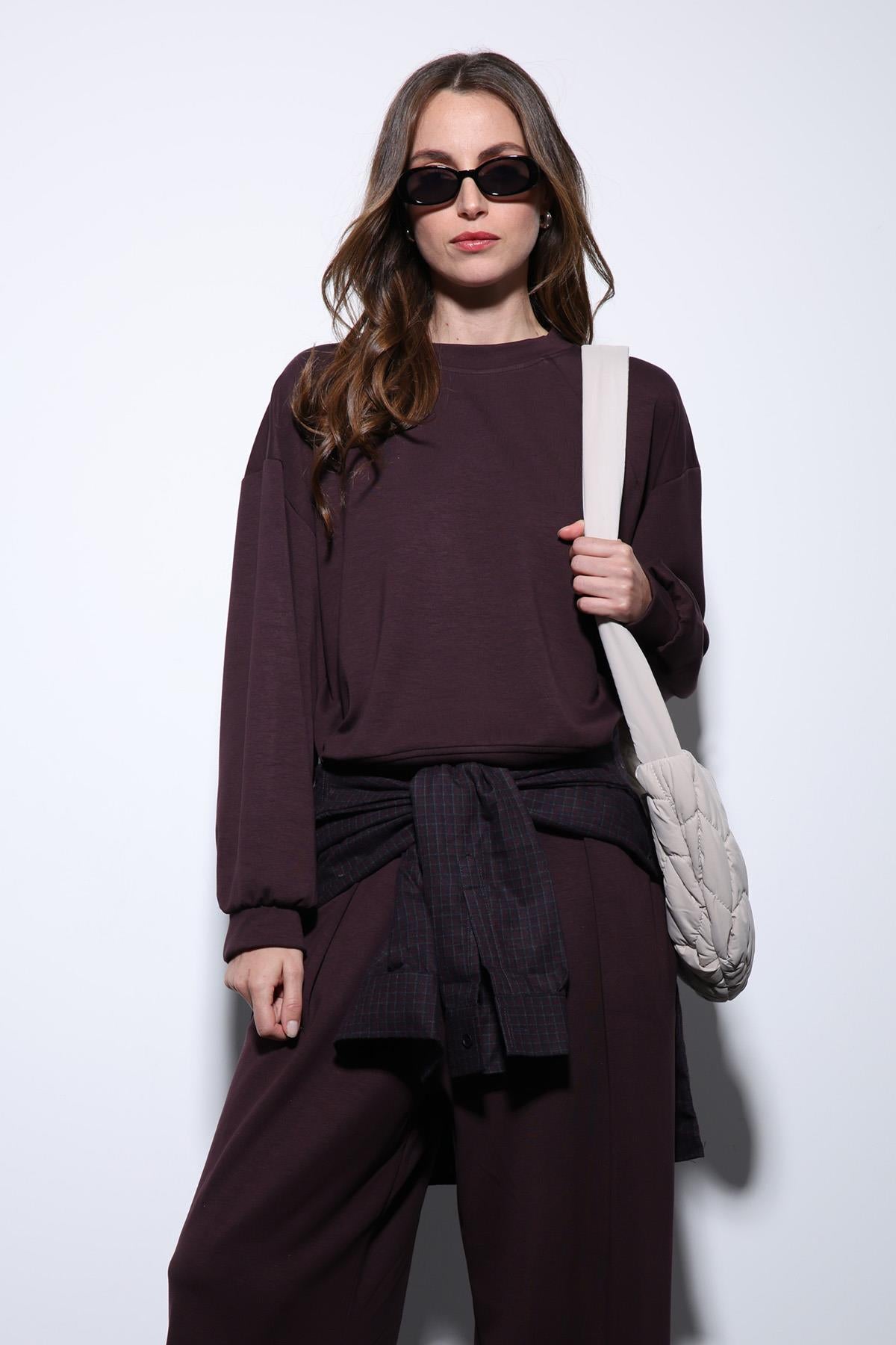 Antioch-Mürdüm Geniş Paça Relaxed Kadın Takım-Takım-6-Milagron.com