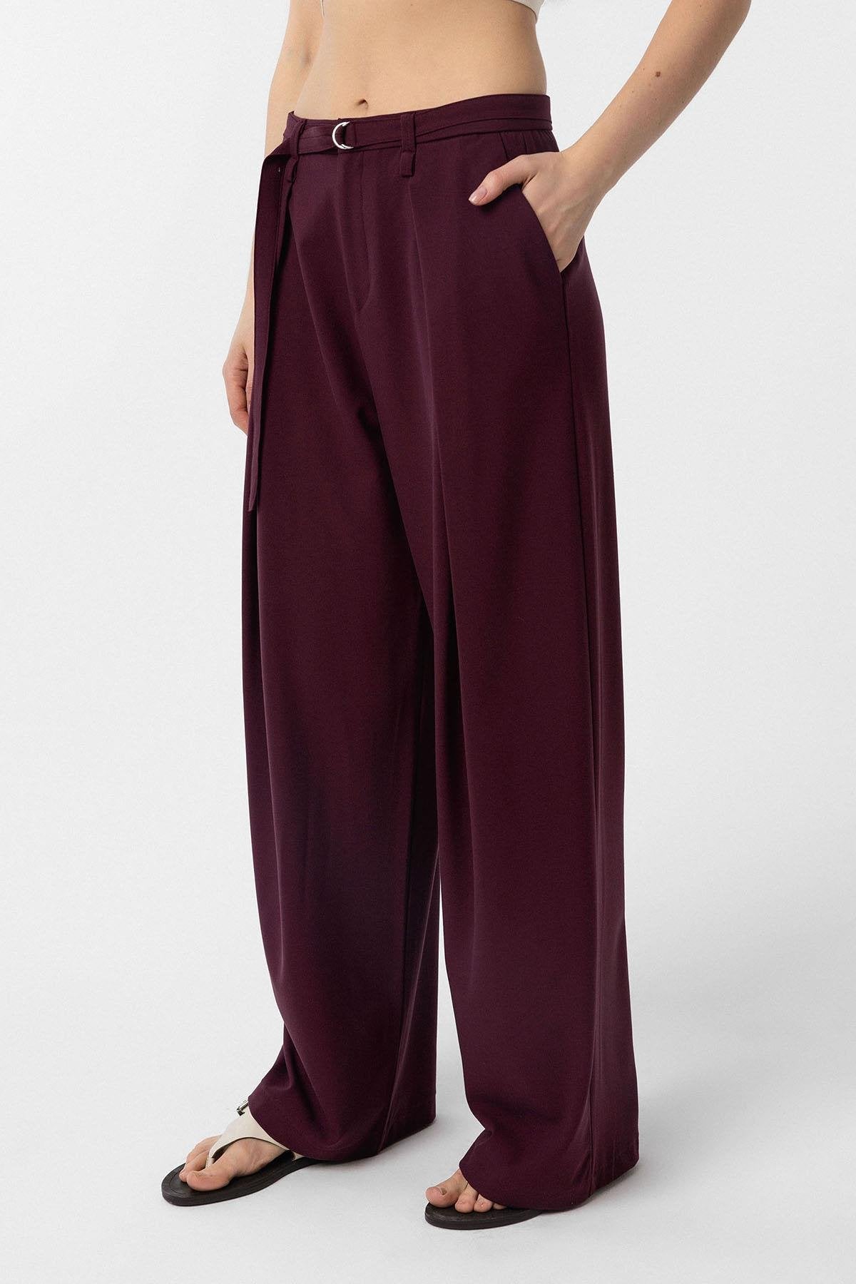 Antioch-Mürdüm Kemerli Pilili Kadın Pantolon-Kumaş Pantolon-1-Milagron.com