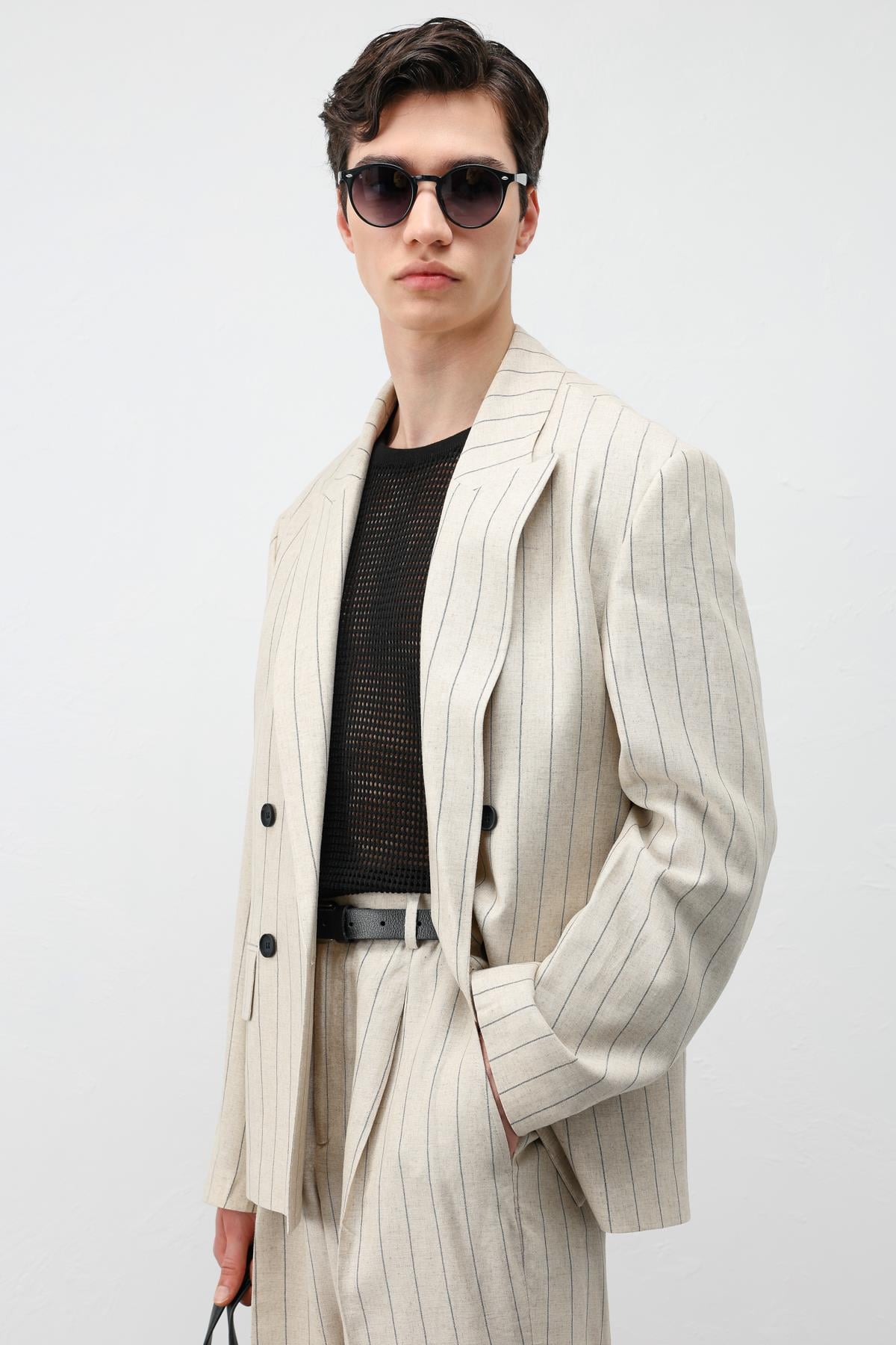 Antioch Natur Keten Karışımlı Çizgili Erkek Blazer Ceket